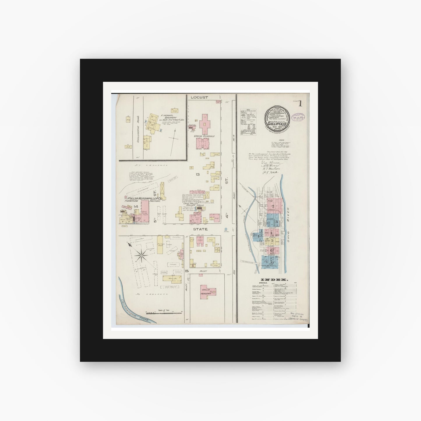 Old map wall art mockup — black gallery frame with white mat — Sanborn Fire Insurance Map from Gallipolis, Gallia County, Ohio (1885), Sheet #0001