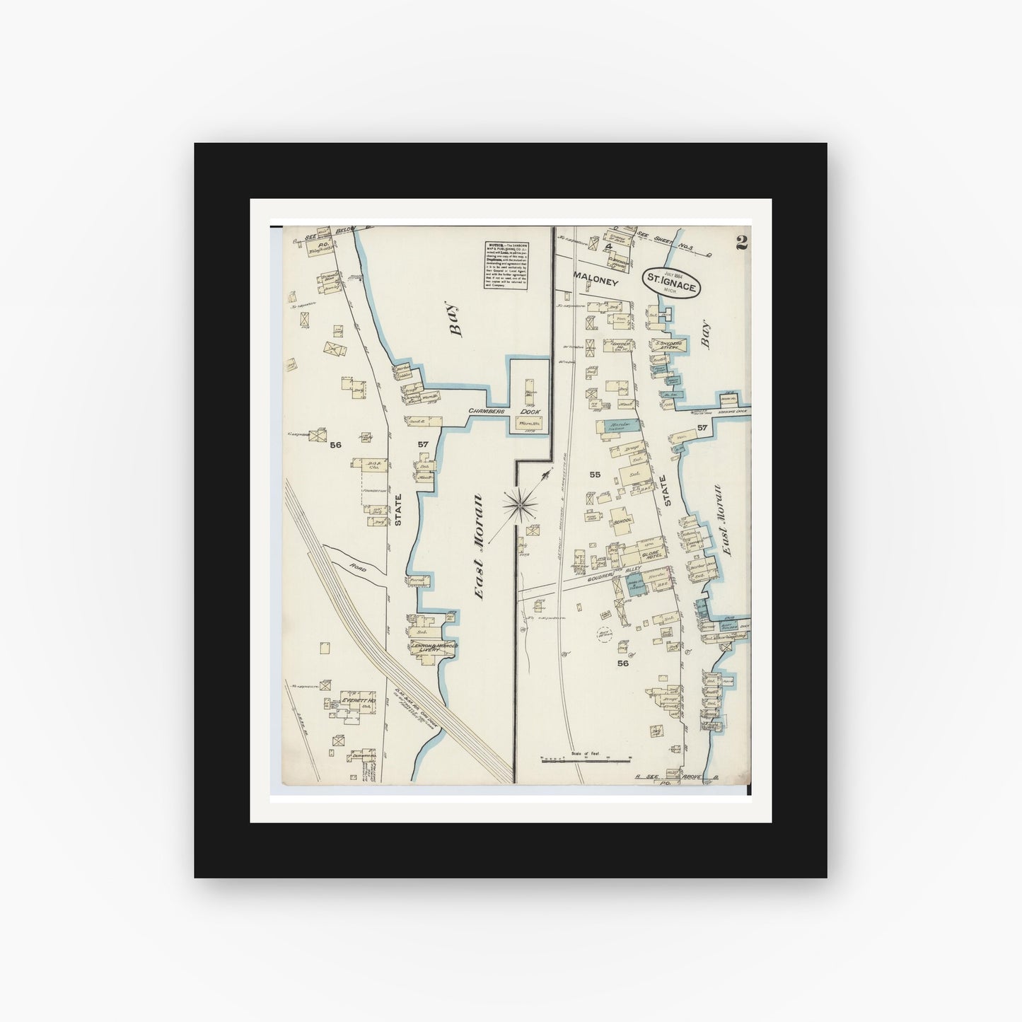 Old map wall art mockup — black gallery frame with white mat — Sanborn Fire Insurance Map from Saint Ignace, Mackinac County, Michigan (1884), Sheet #0002