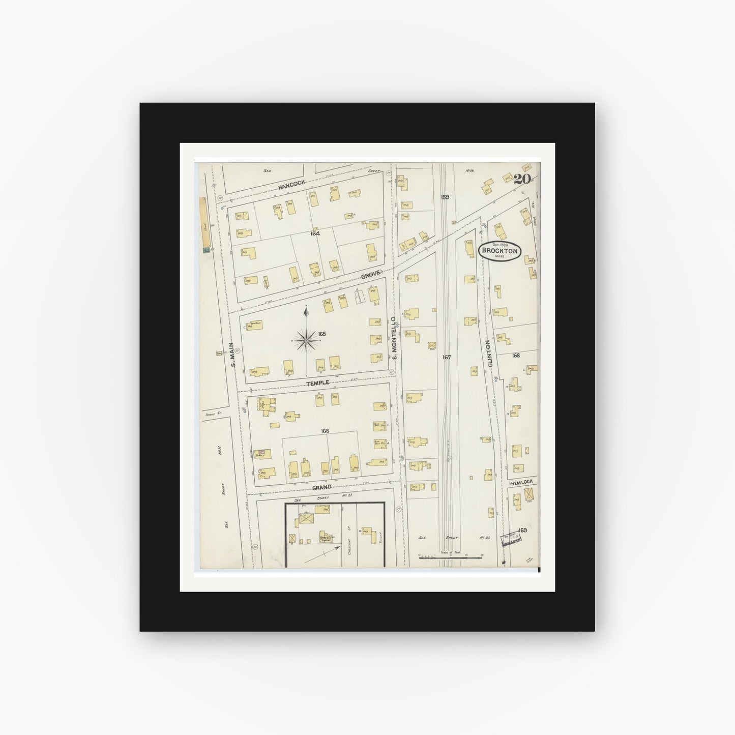 Old map wall art mockup — black gallery frame with white mat — Sanborn Fire Insurance Map from Brockton, Plymouth County, Massachusetts (1889), Sheet #0020