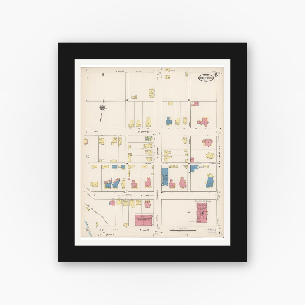 Old map wall art mockup β black gallery frame with white mat β Sanborn Fire Insurance Map from Bellefonte, Centre County, Pennsylvania (1922), Sheet #0006