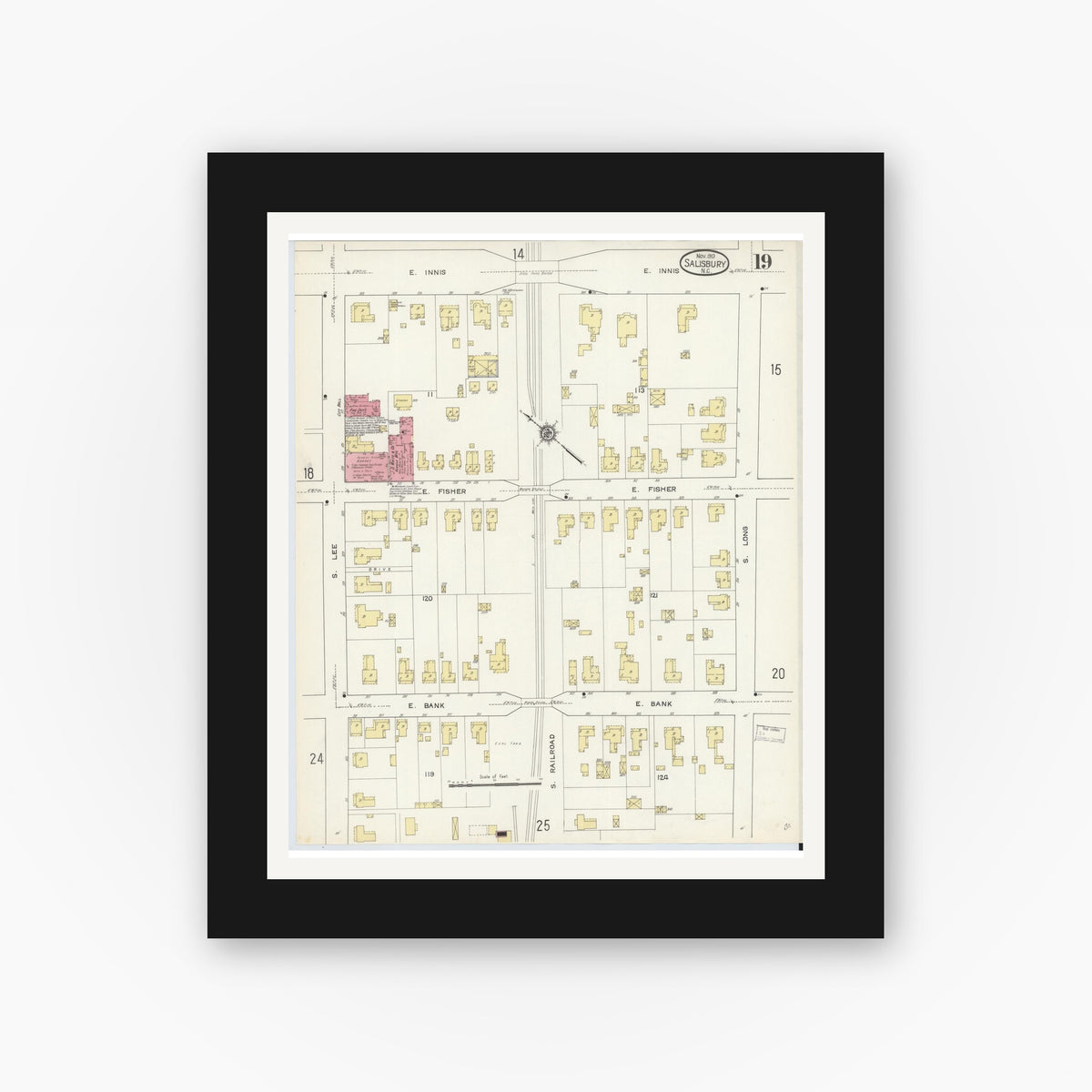 Old map wall art mockup — black gallery frame with white mat — Sanborn Fire Insurance Map from Salisbury, Rowan County, North Carolina (1913), Sheet #0019