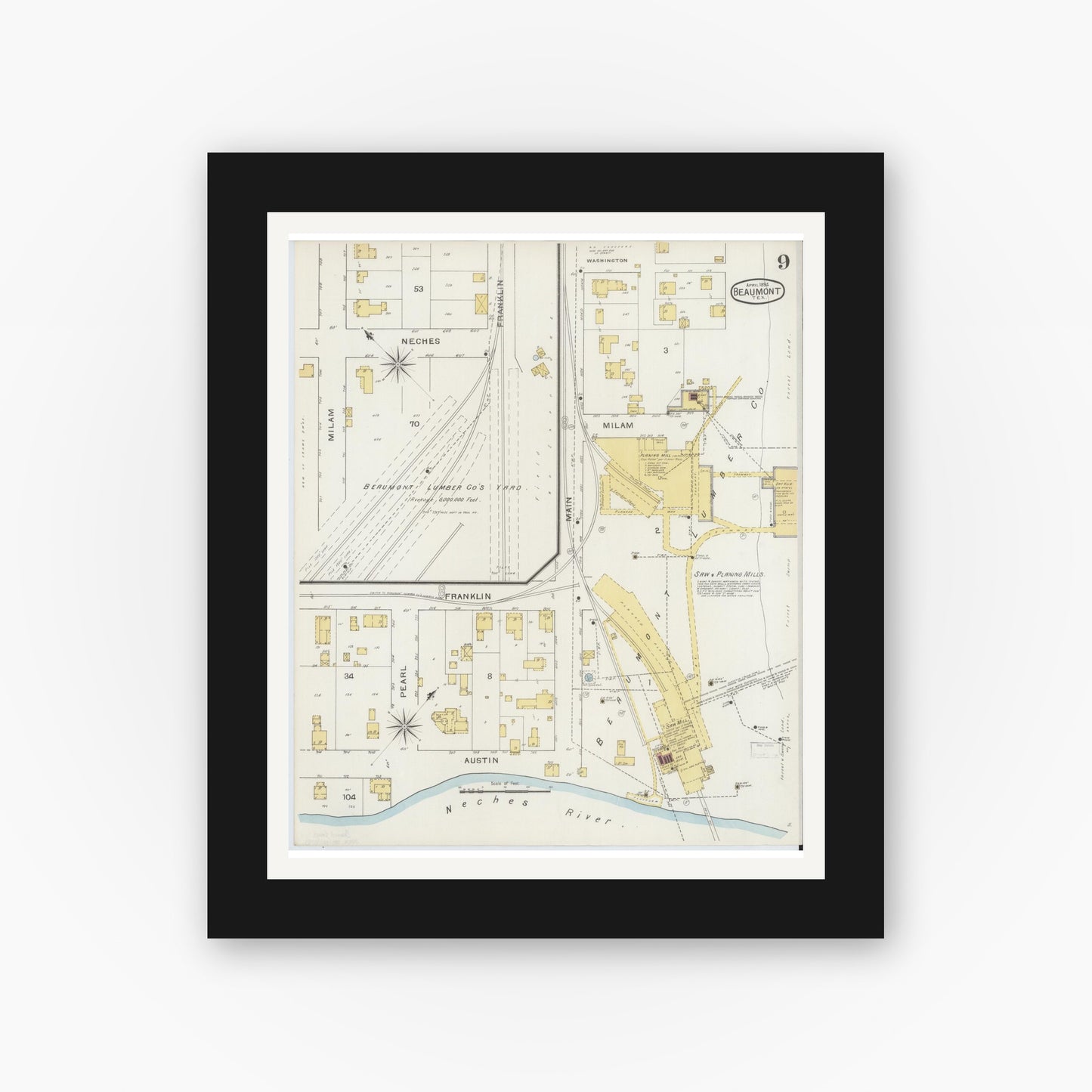 Old map wall art mockup — black gallery frame with white mat — Sanborn Fire Insurance Map from Beaumont, Jefferson County, Texas (1894), Sheet #0009