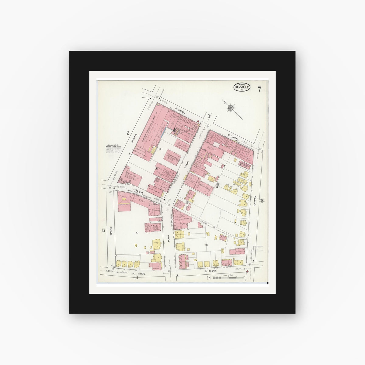 Old map wall art mockup — black gallery frame with white mat — Sanborn Fire Insurance Map from Danville, Independent Cities, Virginia (1915), Sheet #0007