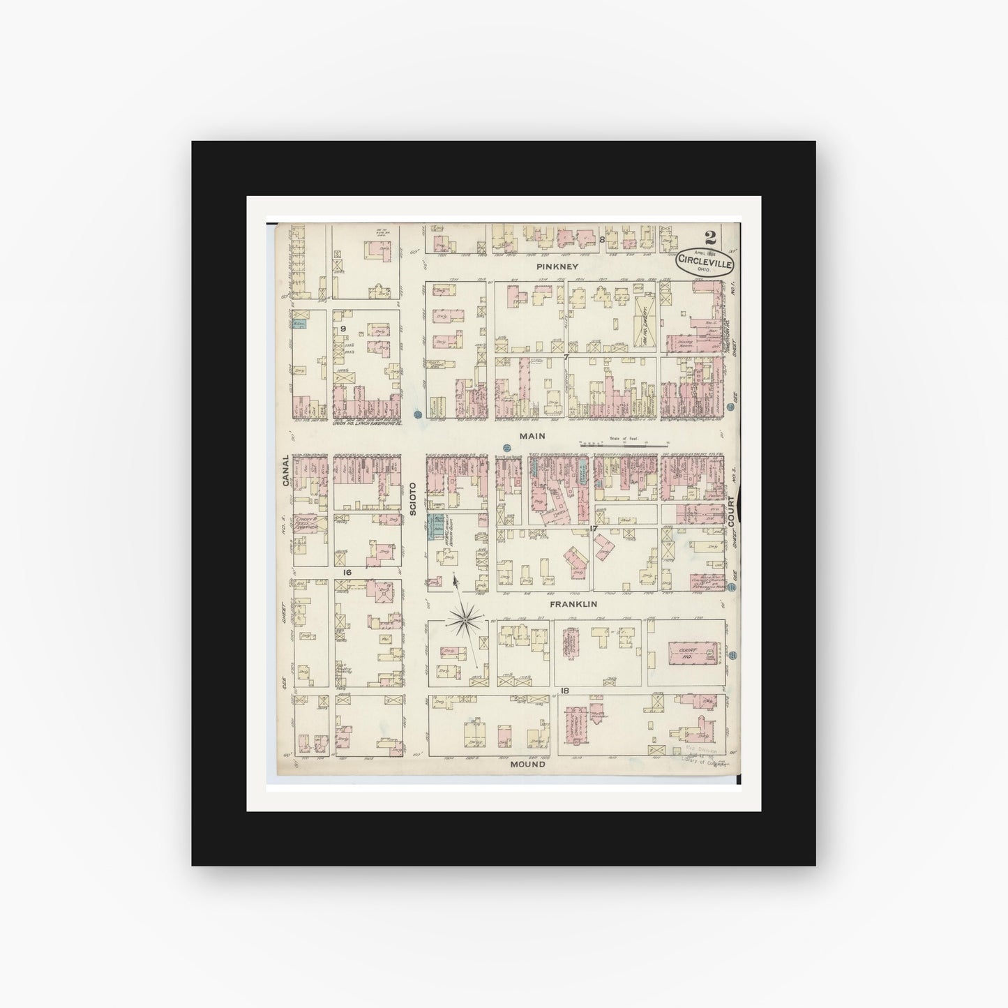 Old map wall art mockup — black gallery frame with white mat — Sanborn Fire Insurance Map from Circleville, Pickaway County, Ohio (1884), Sheet #0002
