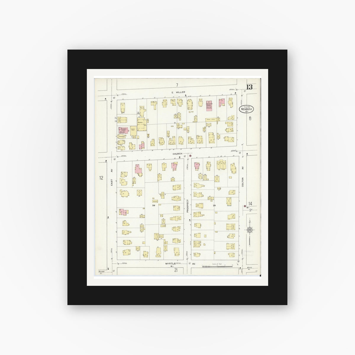 Old map wall art mockup — black gallery frame with white mat — Sanborn Fire Insurance Map from Newark, Wayne County, New York (1912), Sheet #0013