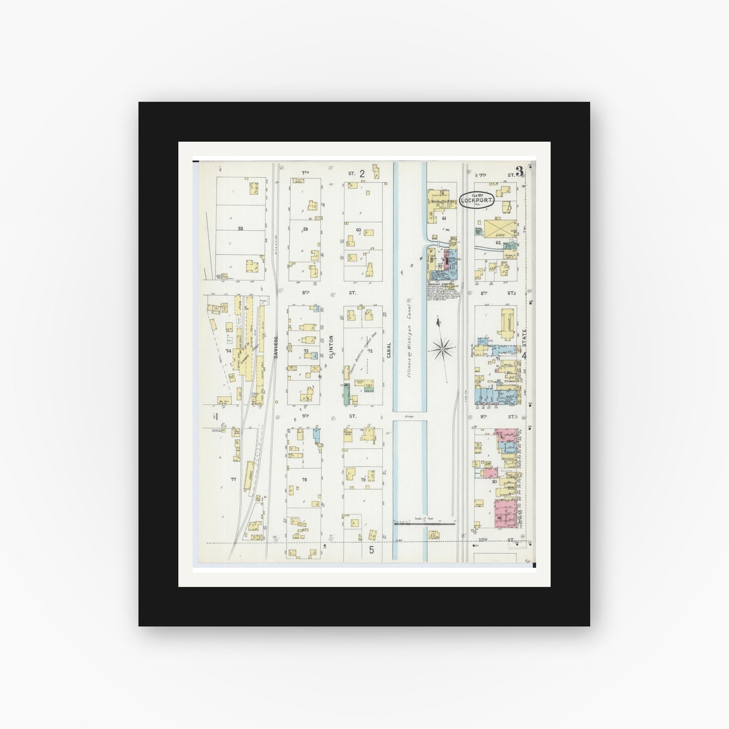 Old map wall art mockup — black gallery frame with white mat — Sanborn Fire Insurance Map from Lockport, Will County, Illinois (1897), Sheet #0003