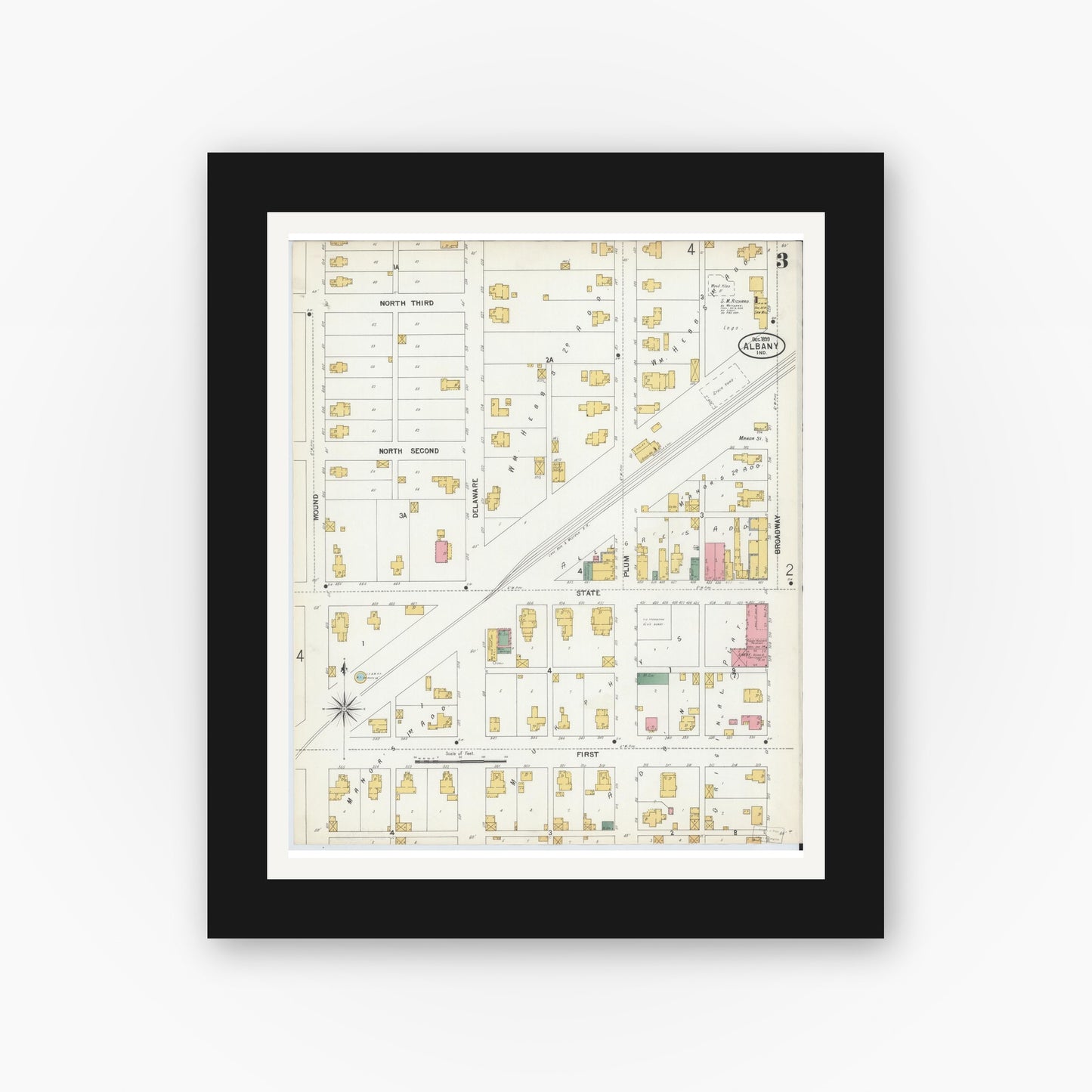 Old map wall art mockup — black gallery frame with white mat — Sanborn Fire Insurance Map from Albany, Delaware County, Indiana (1899), Sheet #0003