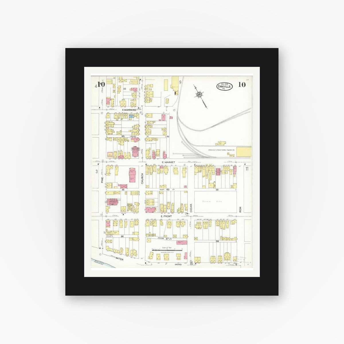 Old map wall art mockup — black gallery frame with white mat — Sanborn Fire Insurance Map from Danville, Montour County, Pennsylvania (1923), Sheet #0010