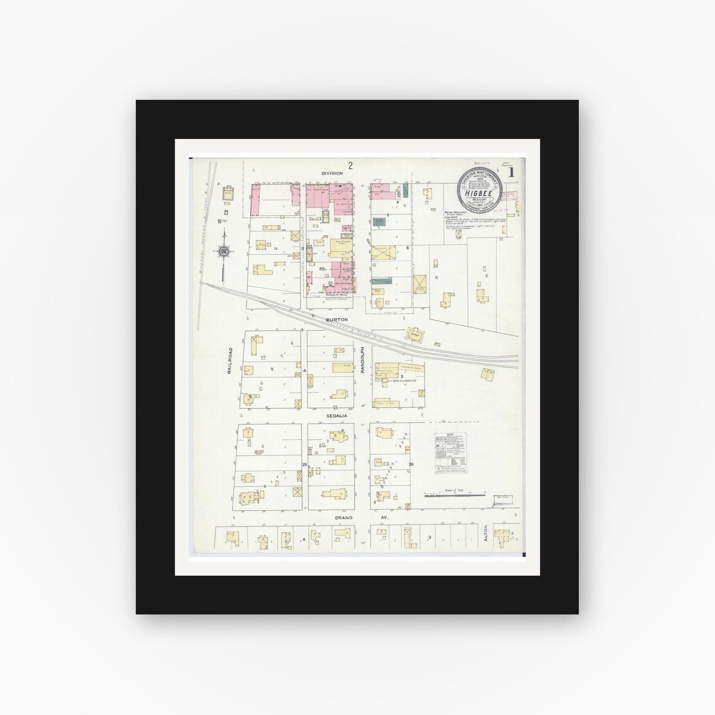 Old map wall art mockup — black gallery frame with white mat — Sanborn Fire Insurance Map from Higbee, Randolph County, Missouri (1910), Sheet #0001