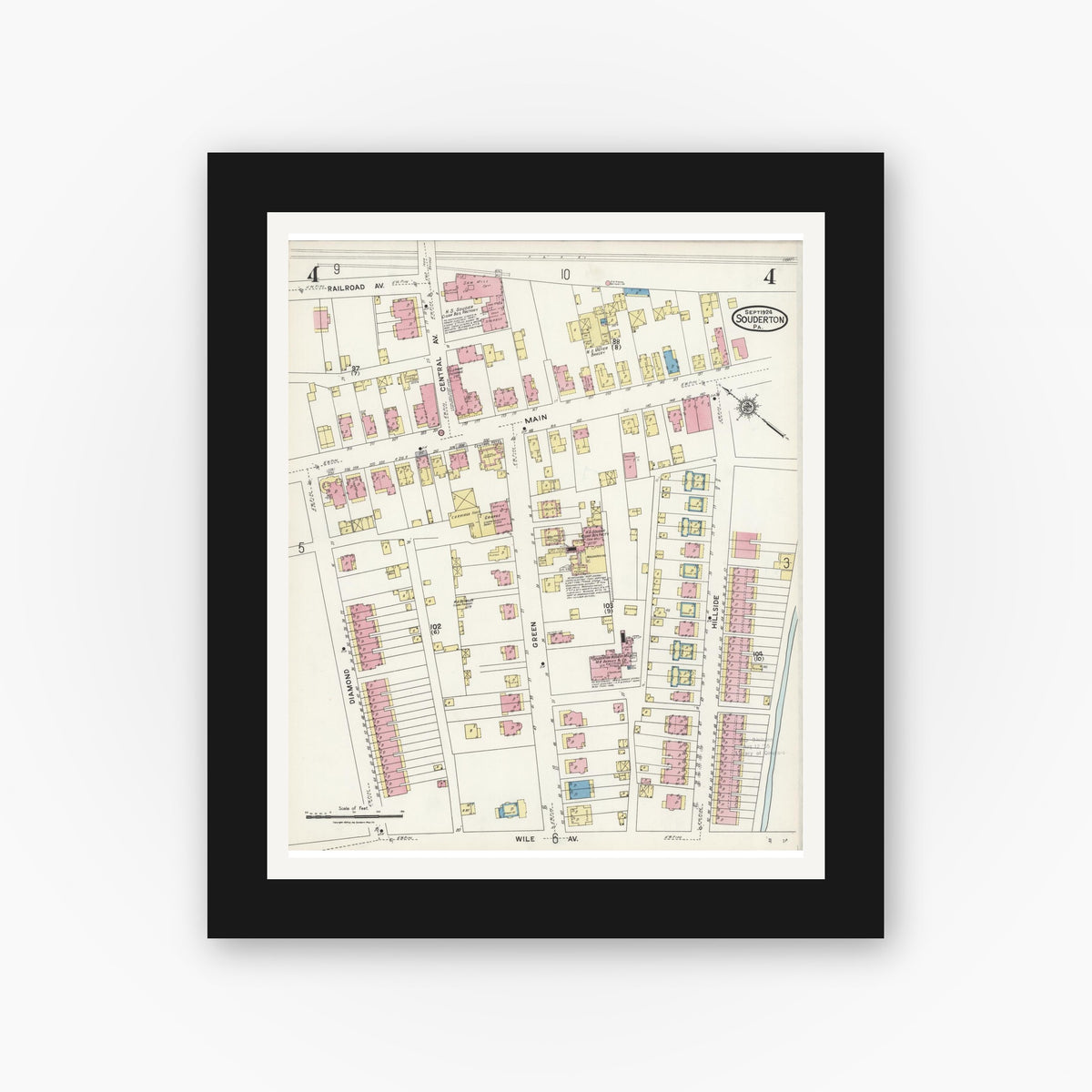 Old map wall art mockup — black gallery frame with white mat — Sanborn Fire Insurance Map from Souderton, Montgomery County, Pennsylvania (1924), Sheet #0004
