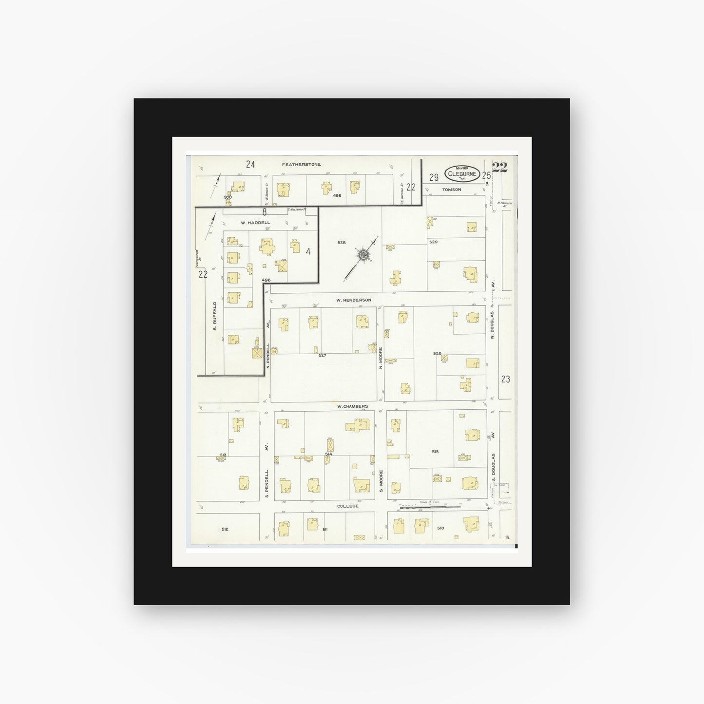Old map wall art mockup — black gallery frame with white mat — Sanborn Fire Insurance Map from Cleburne, Johnson County, Texas (1910), Sheet #0022