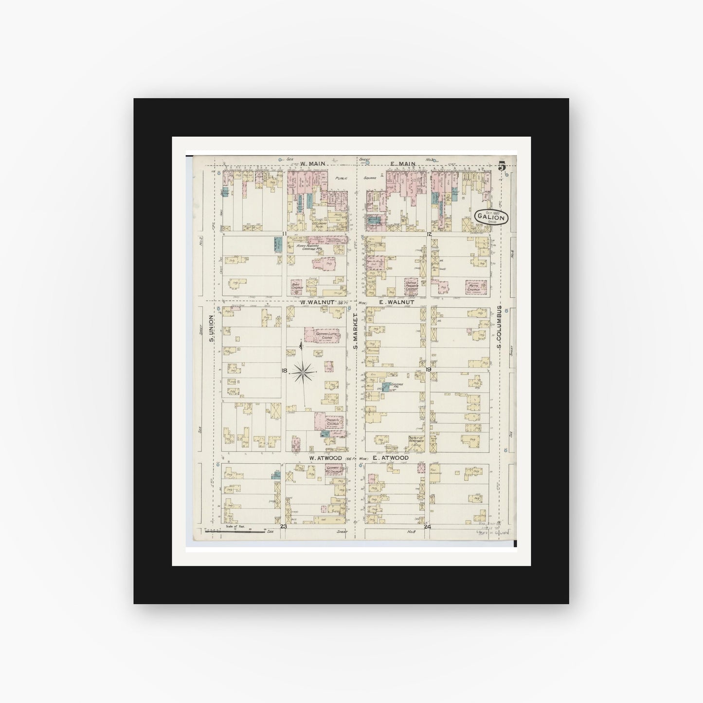Old map wall art mockup — black gallery frame with white mat — Sanborn Fire Insurance Map from Galion, Crawford County, Ohio (1887), Sheet #0005