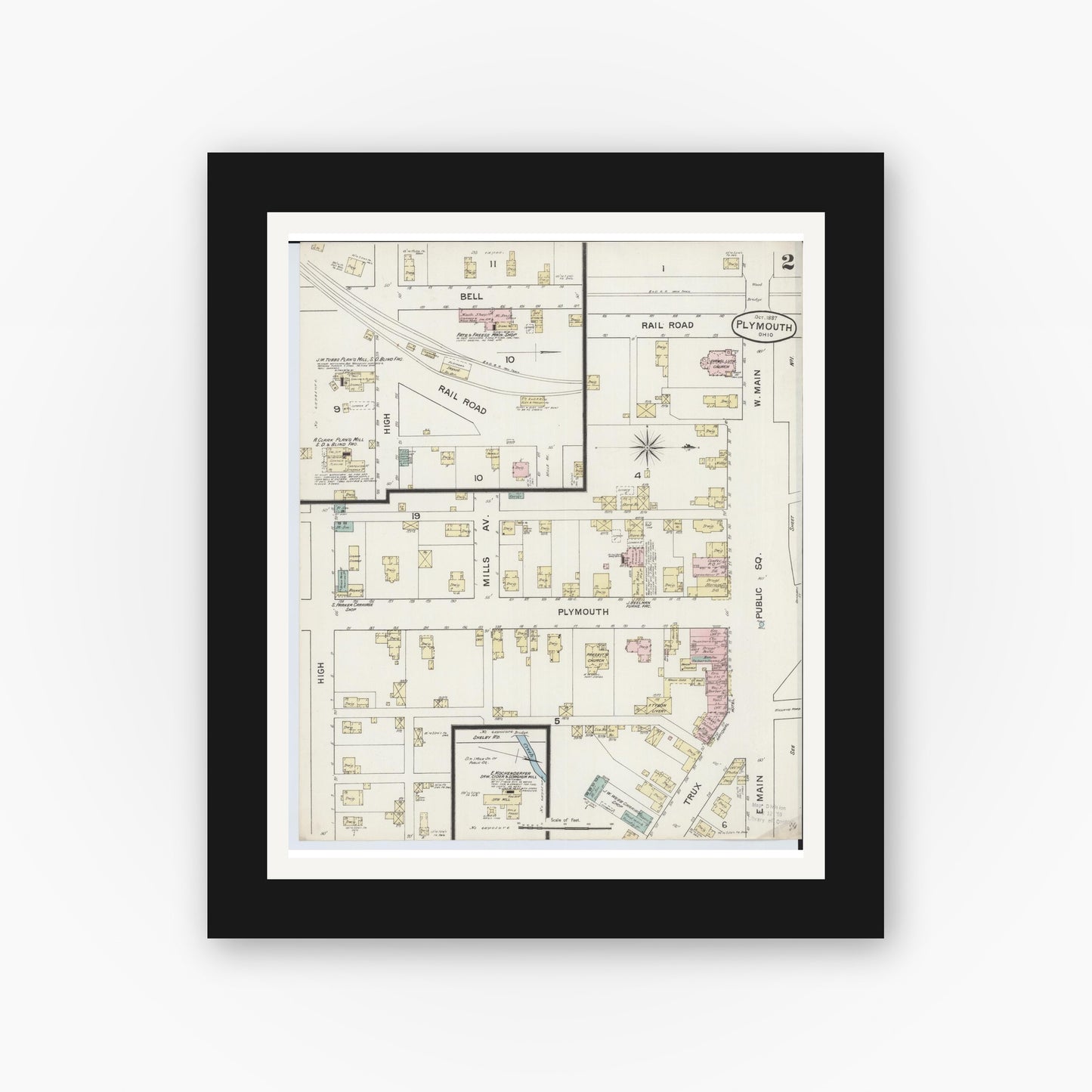 Old map wall art mockup — black gallery frame with white mat — Sanborn Fire Insurance Map from Plymouth, Huron And Richland Counties, Ohio (1887), Sheet #0002