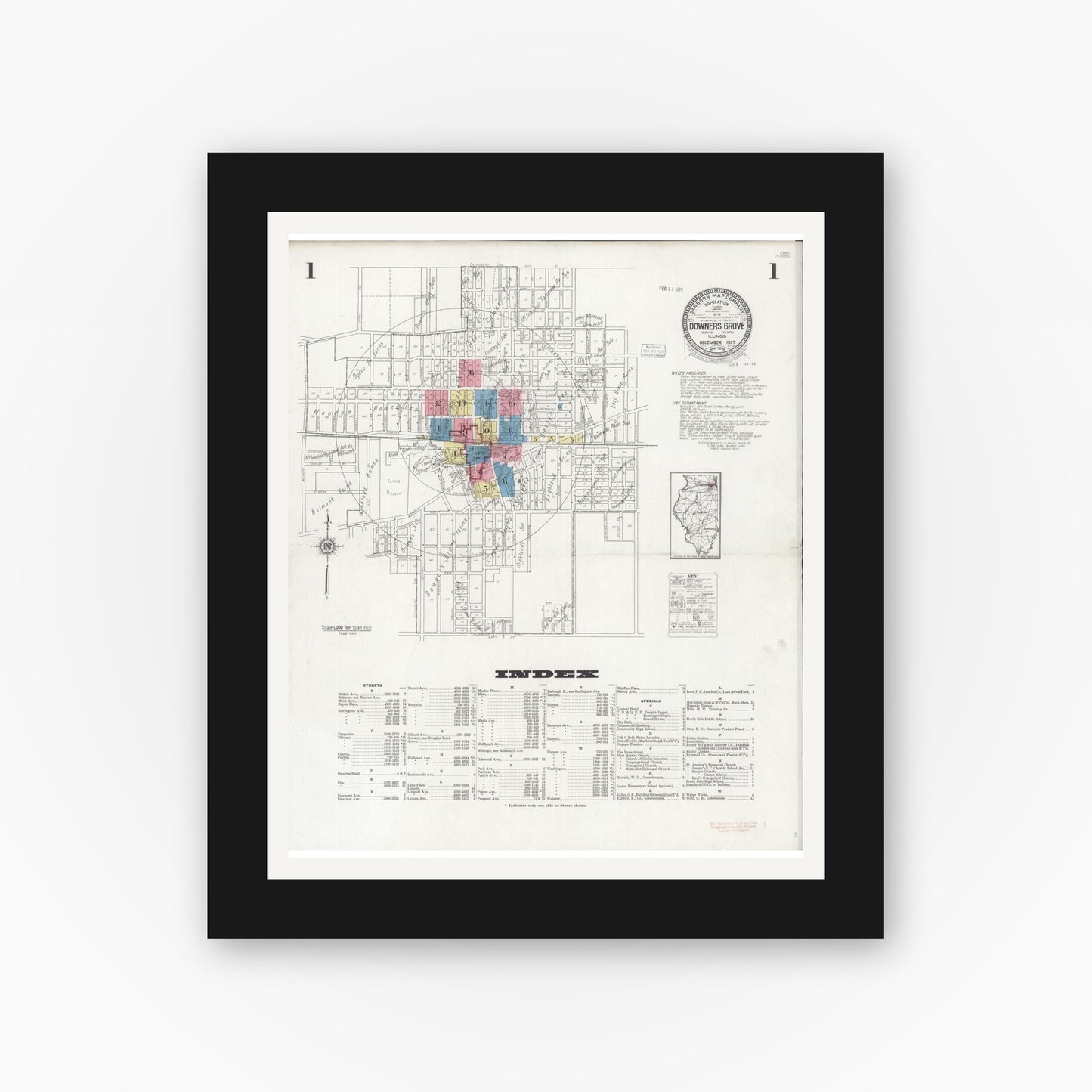 Old map wall art mockup — black gallery frame with white mat — Sanborn Fire Insurance Map from Downers Grove, Dupage County, Illinois (1927) - Complete Map Set
