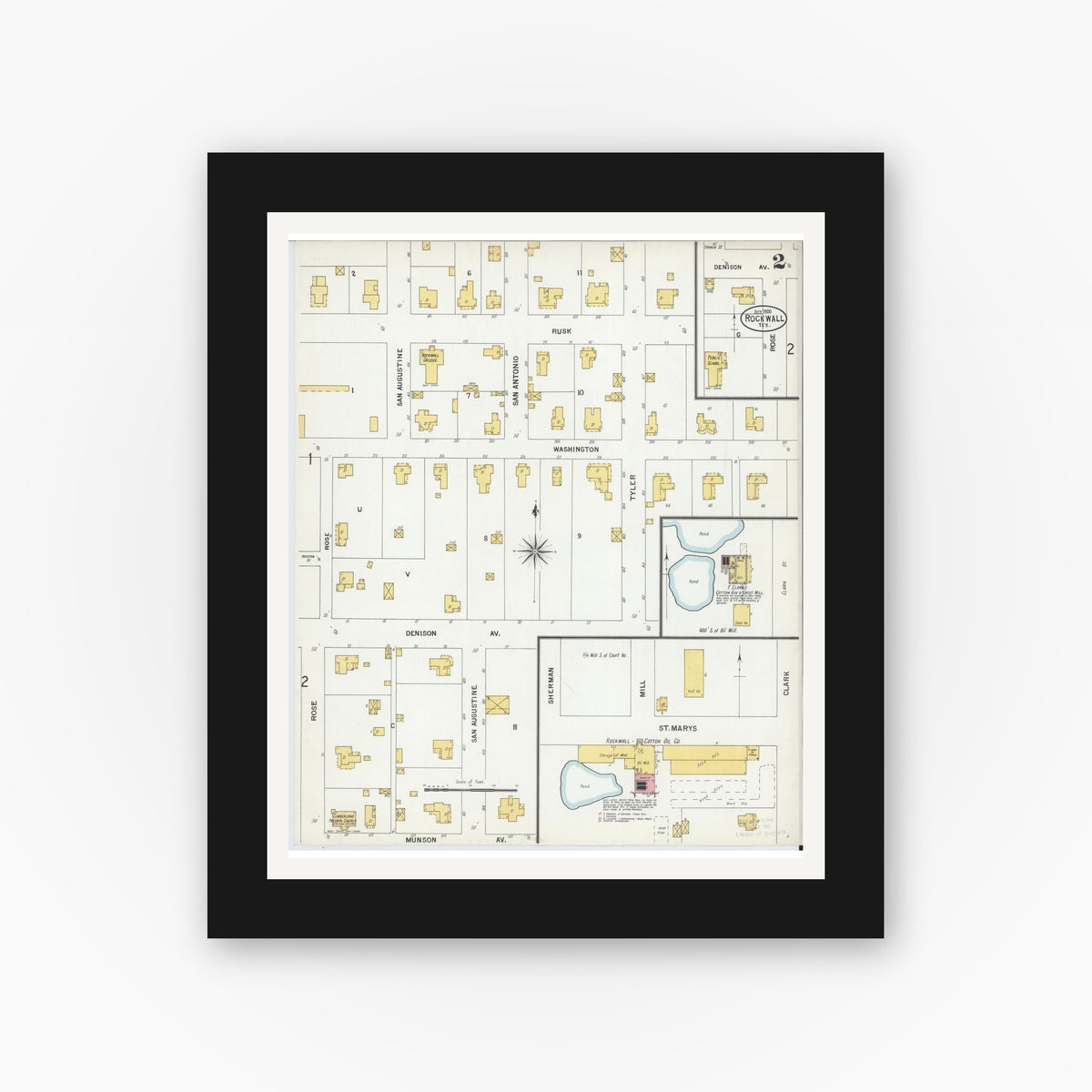 Old map wall art mockup — black gallery frame with white mat — Sanborn Fire Insurance Map from Rockwall, Rockwall County, Texas (1900), Sheet #0002