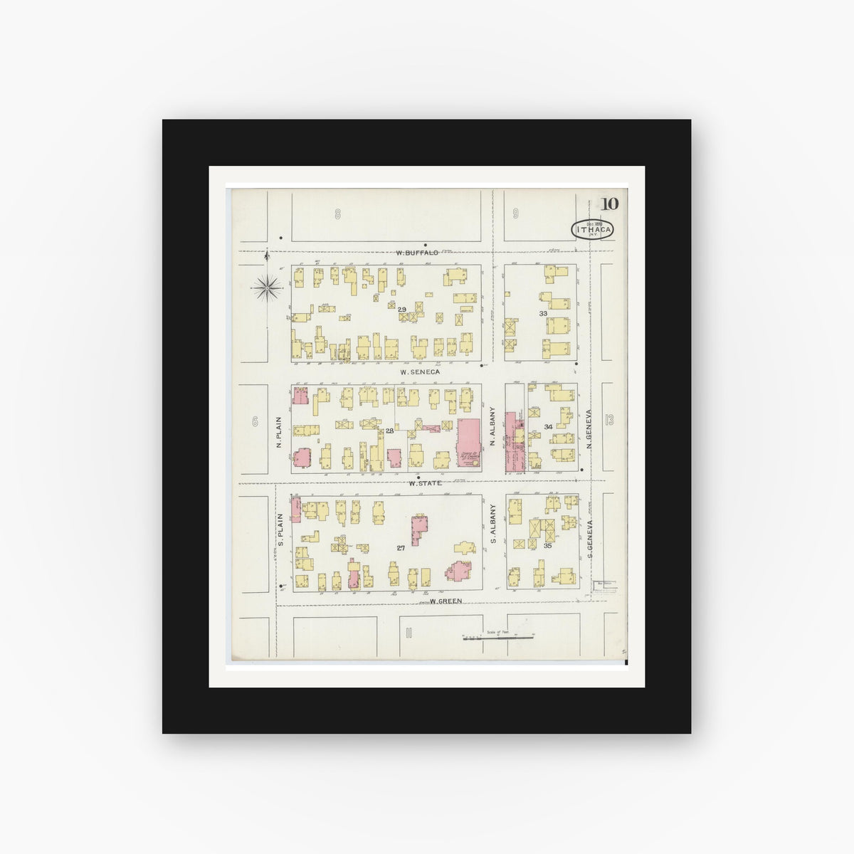 Old map wall art mockup — black gallery frame with white mat — Sanborn Fire Insurance Map from Ithaca, Tompkins County, New York (1893), Sheet #0010