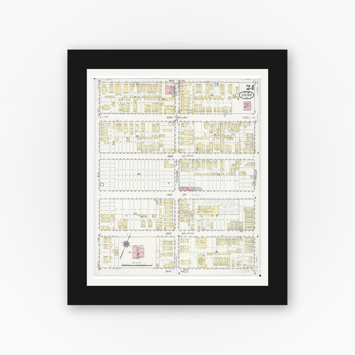 Old map wall art mockup — black gallery frame with white mat — Sanborn Fire Insurance Map from Cairo, Alexander County, Illinois (1914), Sheet #0024