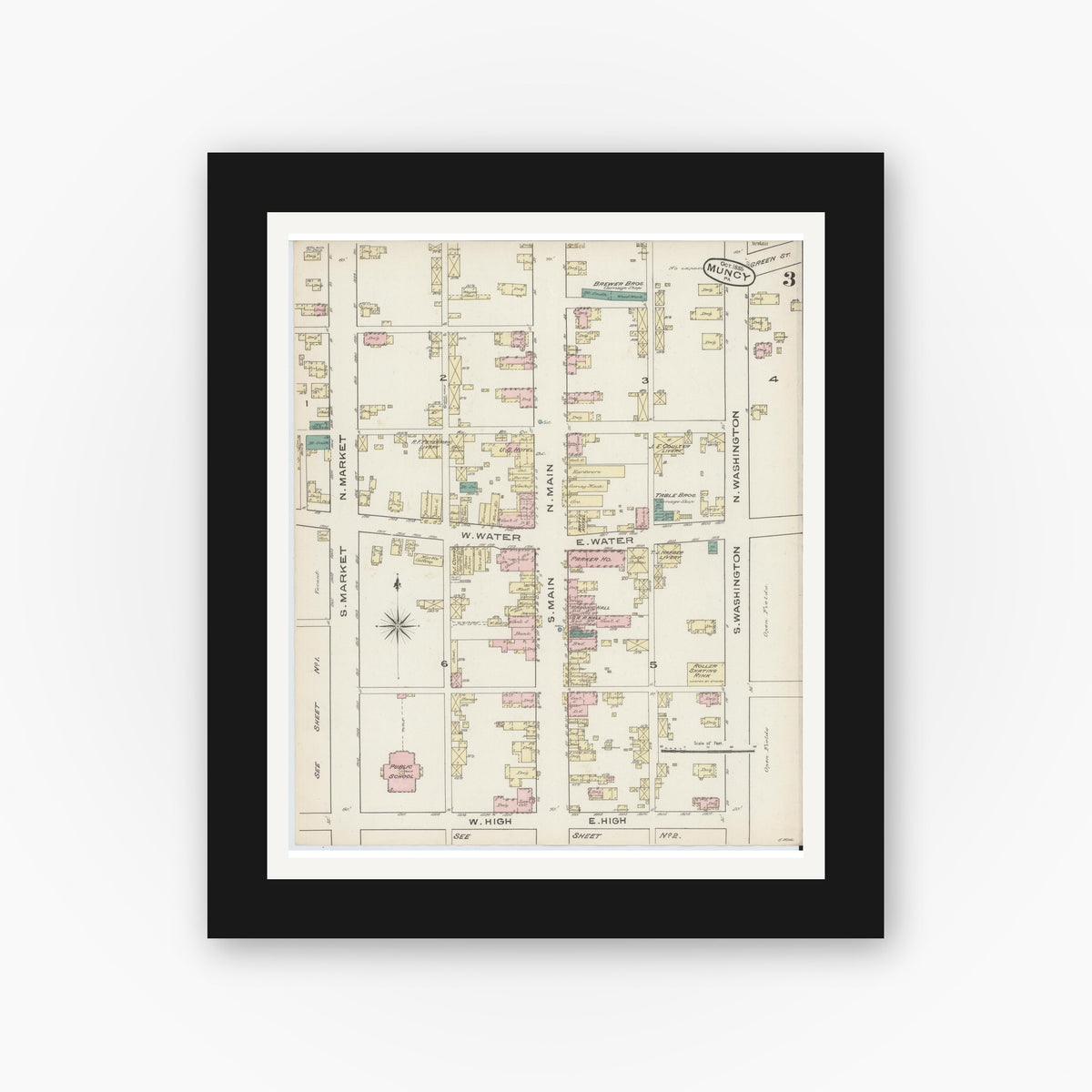 Old map wall art mockup — black gallery frame with white mat — Sanborn Fire Insurance Map from Muncy, Lycoming County, Pennsylvania (1885), Sheet #0003