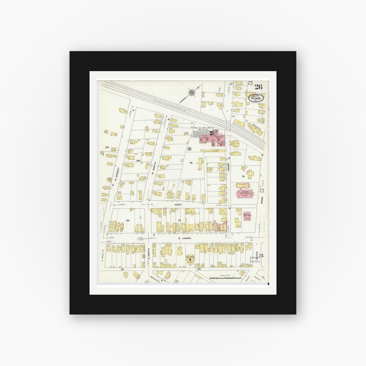 Old map wall art mockup — black gallery frame with white mat — Sanborn Fire Insurance Map from Rome, Oneida County, New York (1909), Sheet #0026