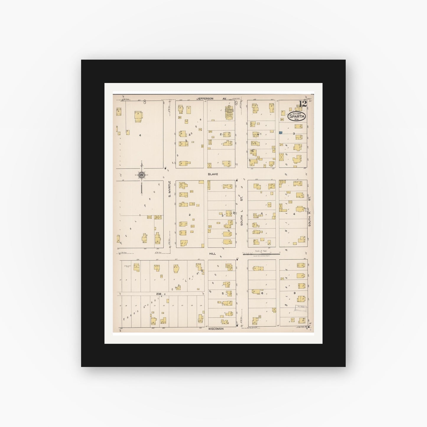 Old map wall art mockup — black gallery frame with white mat — Sanborn Fire Insurance Map from Sparta, Monroe County, Wisconsin (1922), Sheet #0012