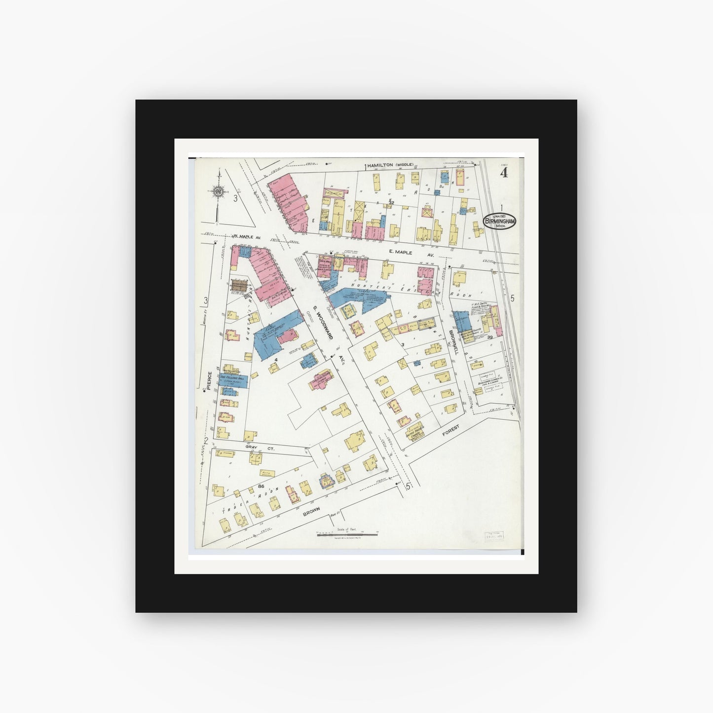 Old map wall art mockup — black gallery frame with white mat — Sanborn Fire Insurance Map from Birmingham, Oakland County, Michigan (1921), Sheet #0004
