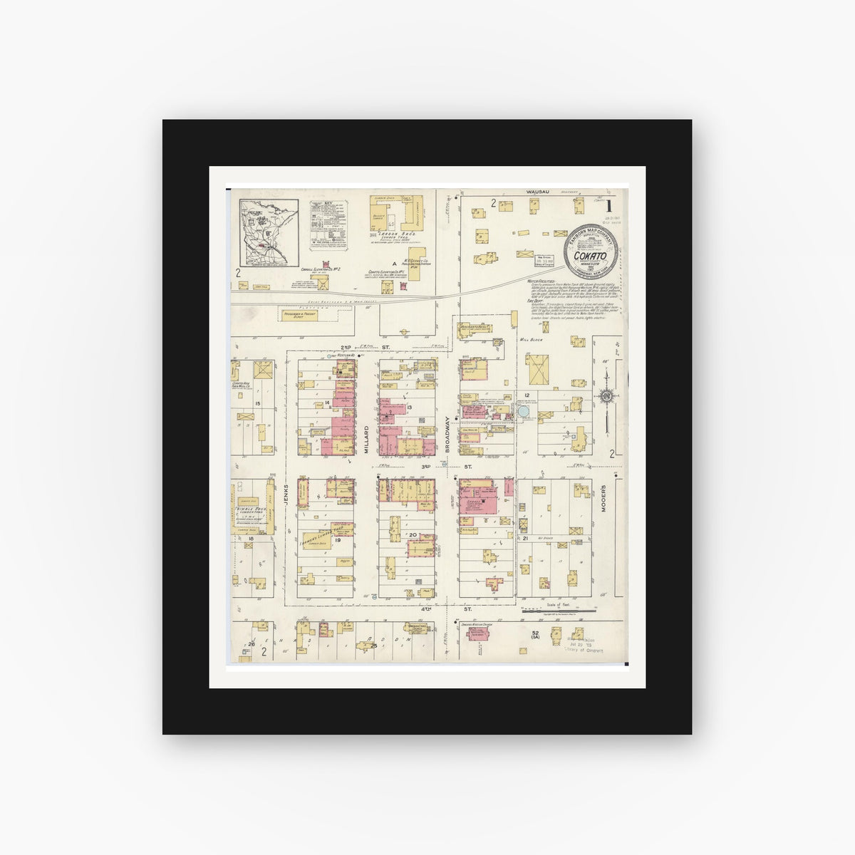 Old map wall art mockup — black gallery frame with white mat — Sanborn Fire Insurance Map from Cokato, Wright County, Minnesota (1917), Sheet #0001