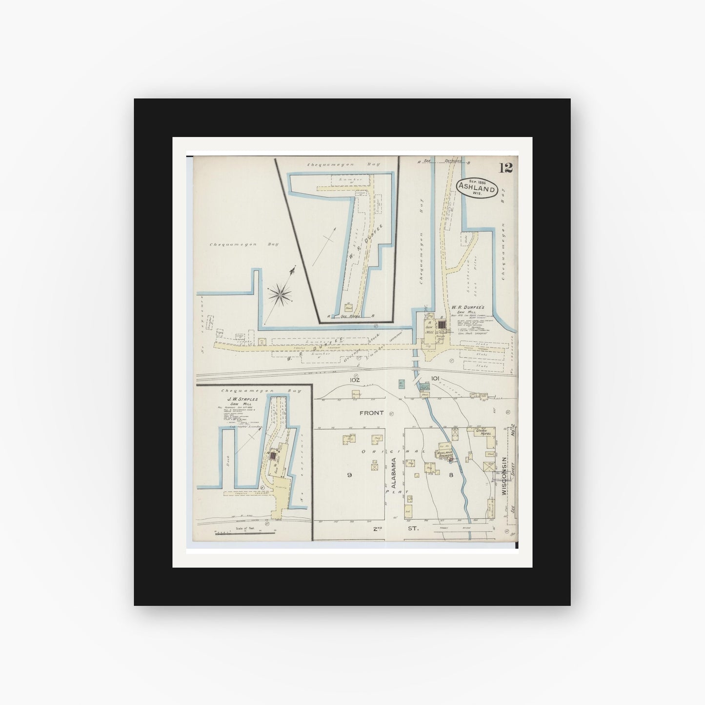 Old map wall art mockup — black gallery frame with white mat — Sanborn Fire Insurance Map from Ashland, Ashland County, Wisconsin (1886), Sheet #0012