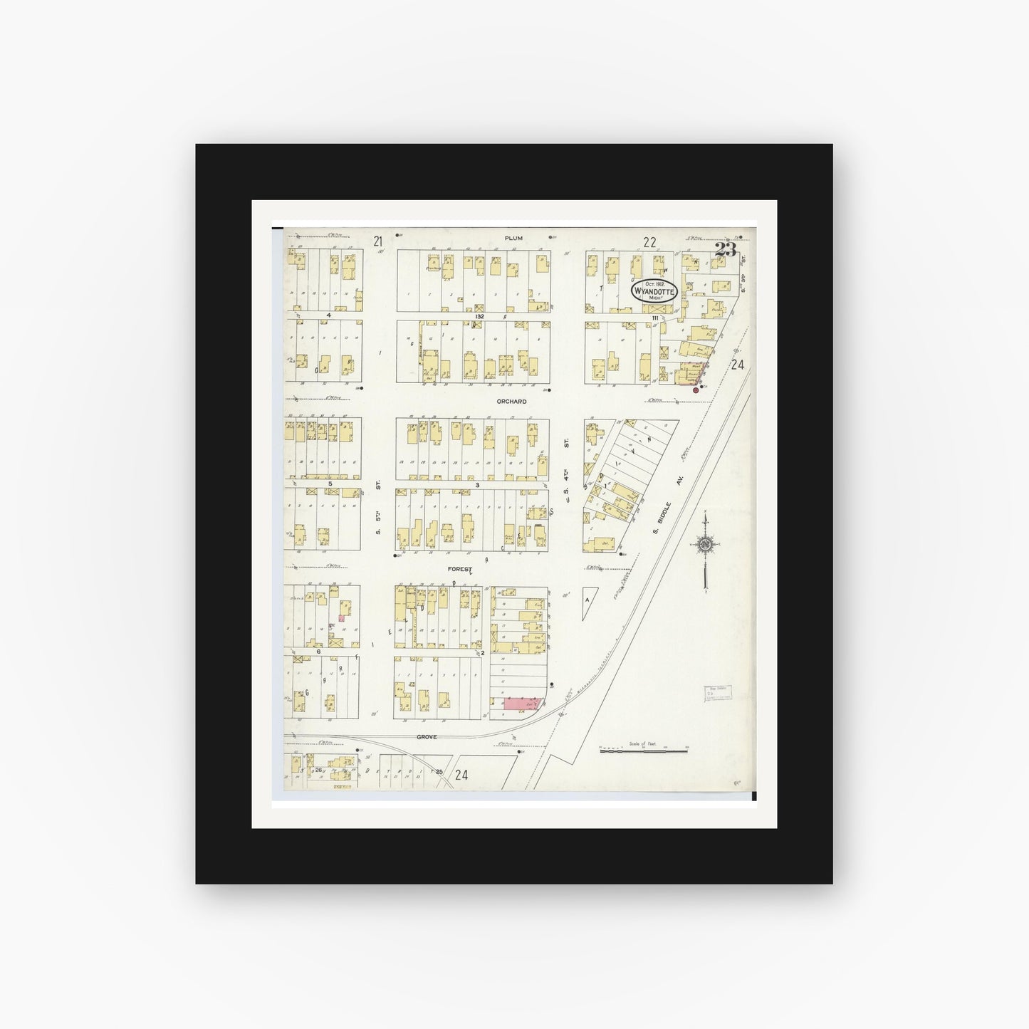 Old map wall art mockup — black gallery frame with white mat — Sanborn Fire Insurance Map from Wyandotte, Wayne County, Michigan (1912), Sheet #0023