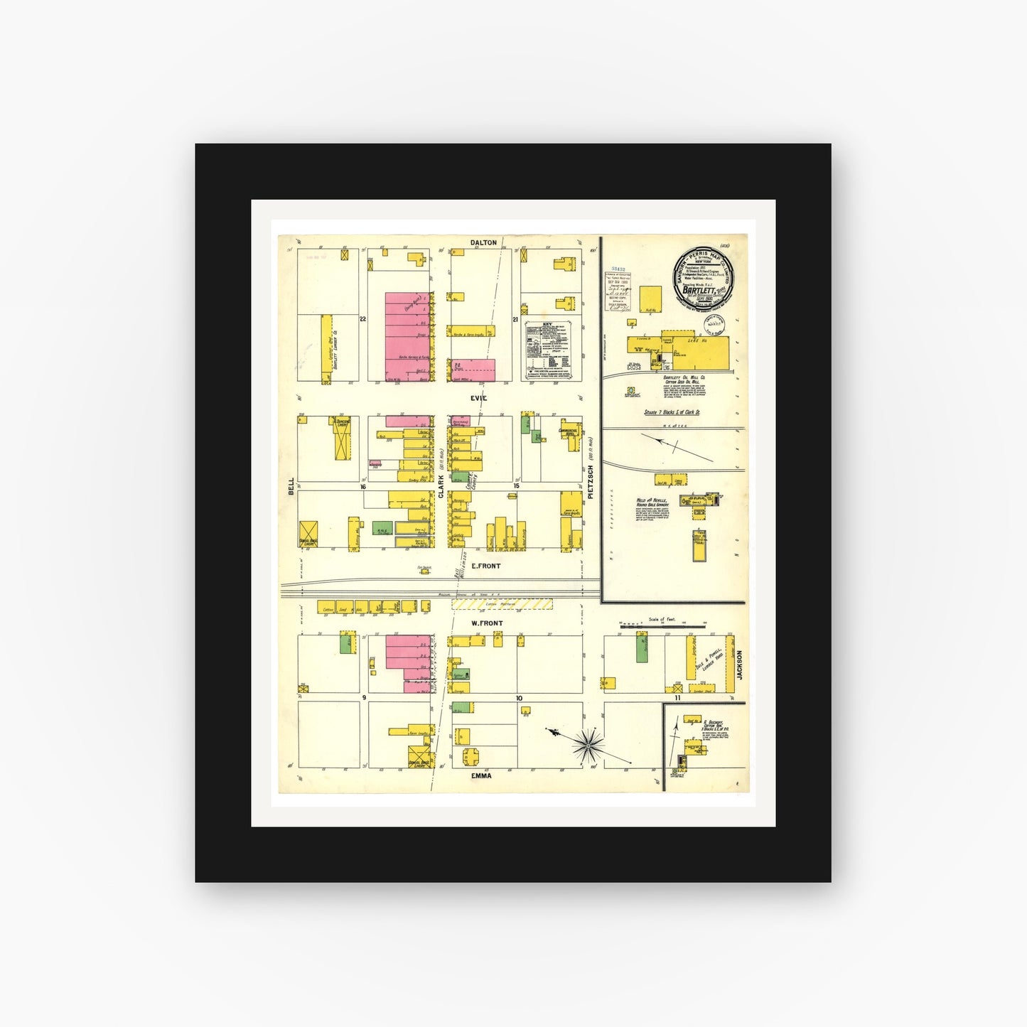 Old map wall art mockup — black gallery frame with white mat — Sanborn Fire Insurance Map from Bartlett, Bell and Williamson Counties, Texas (1900), Sheet #0001