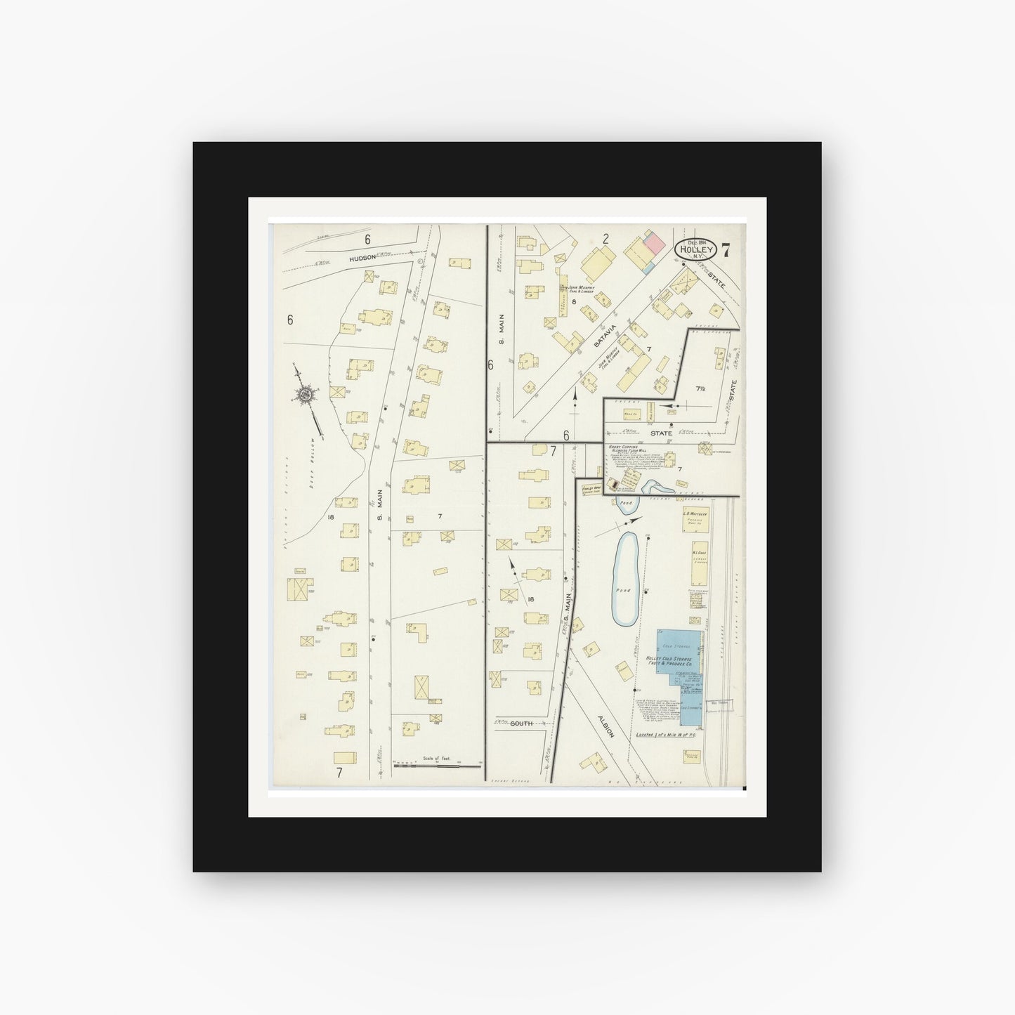 Old map wall art mockup — black gallery frame with white mat — Sanborn Fire Insurance Map from Holley, Orleans County, New York (1914), Sheet #0007