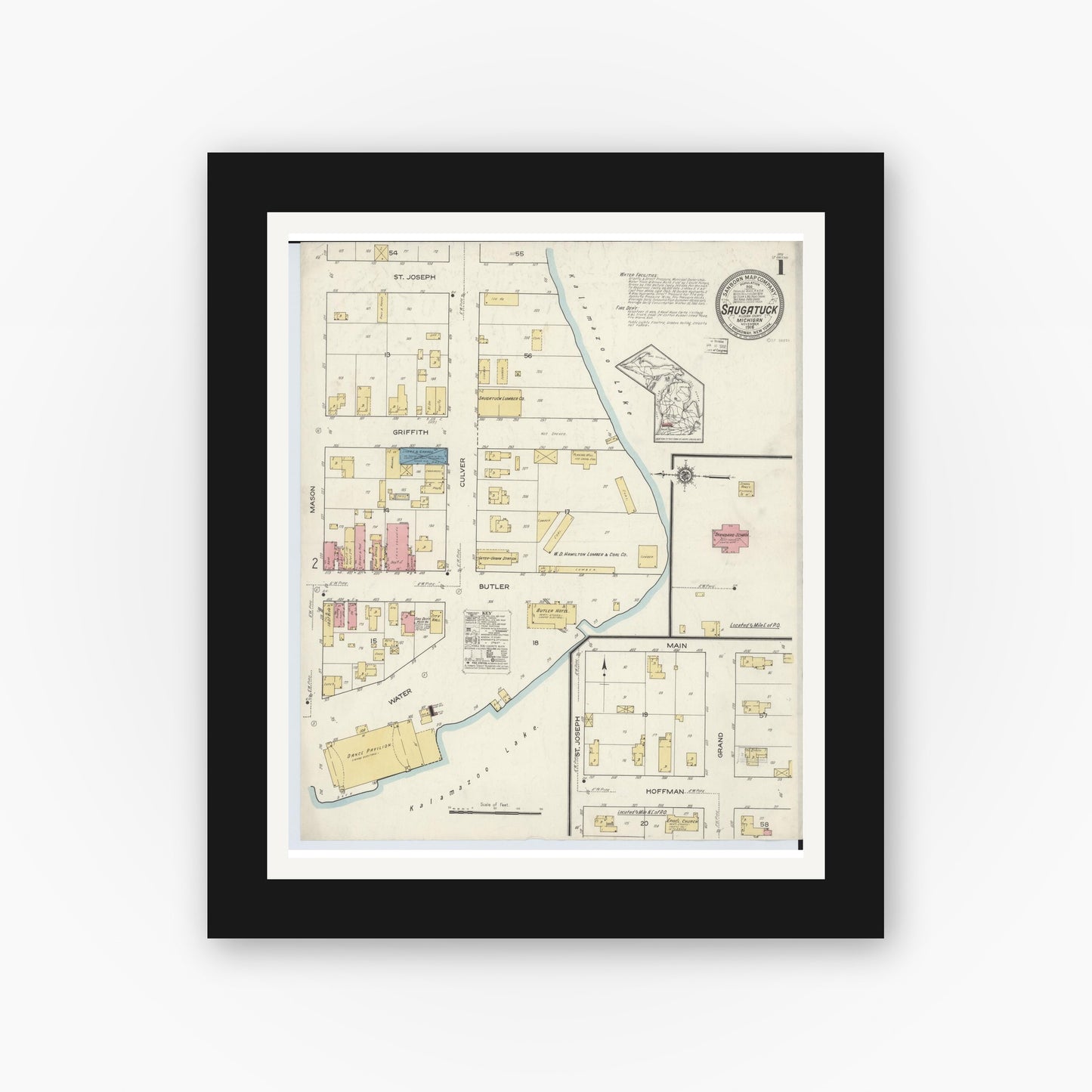 Old map wall art mockup — black gallery frame with white mat — Sanborn Fire Insurance Map from Saugatuck, Allegan County, Michigan (1916) - Complete Map Set