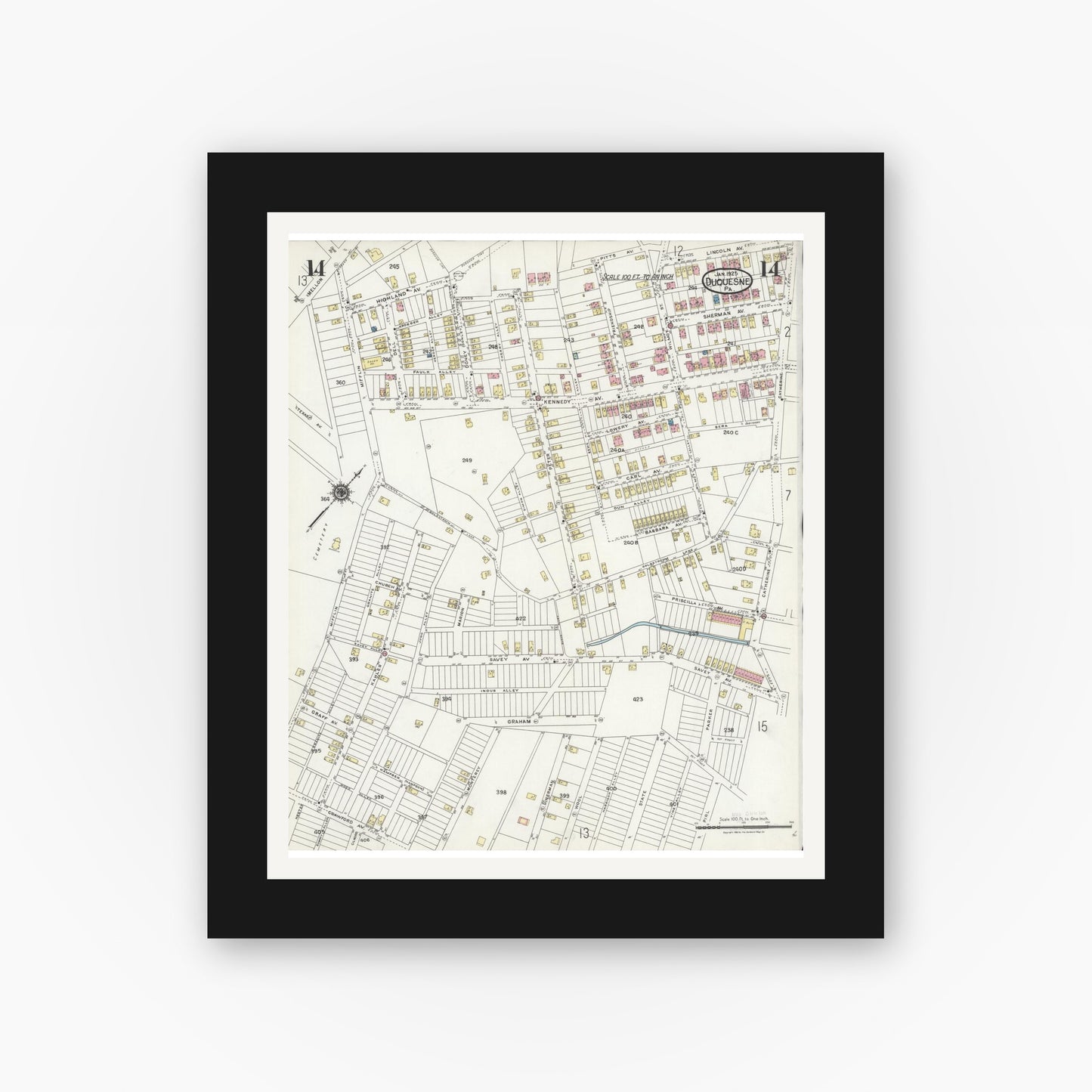 Old map wall art mockup — black gallery frame with white mat — Sanborn Fire Insurance Map from Duquesne, Allegheny County, Pennsylvania (1925), Sheet #0014