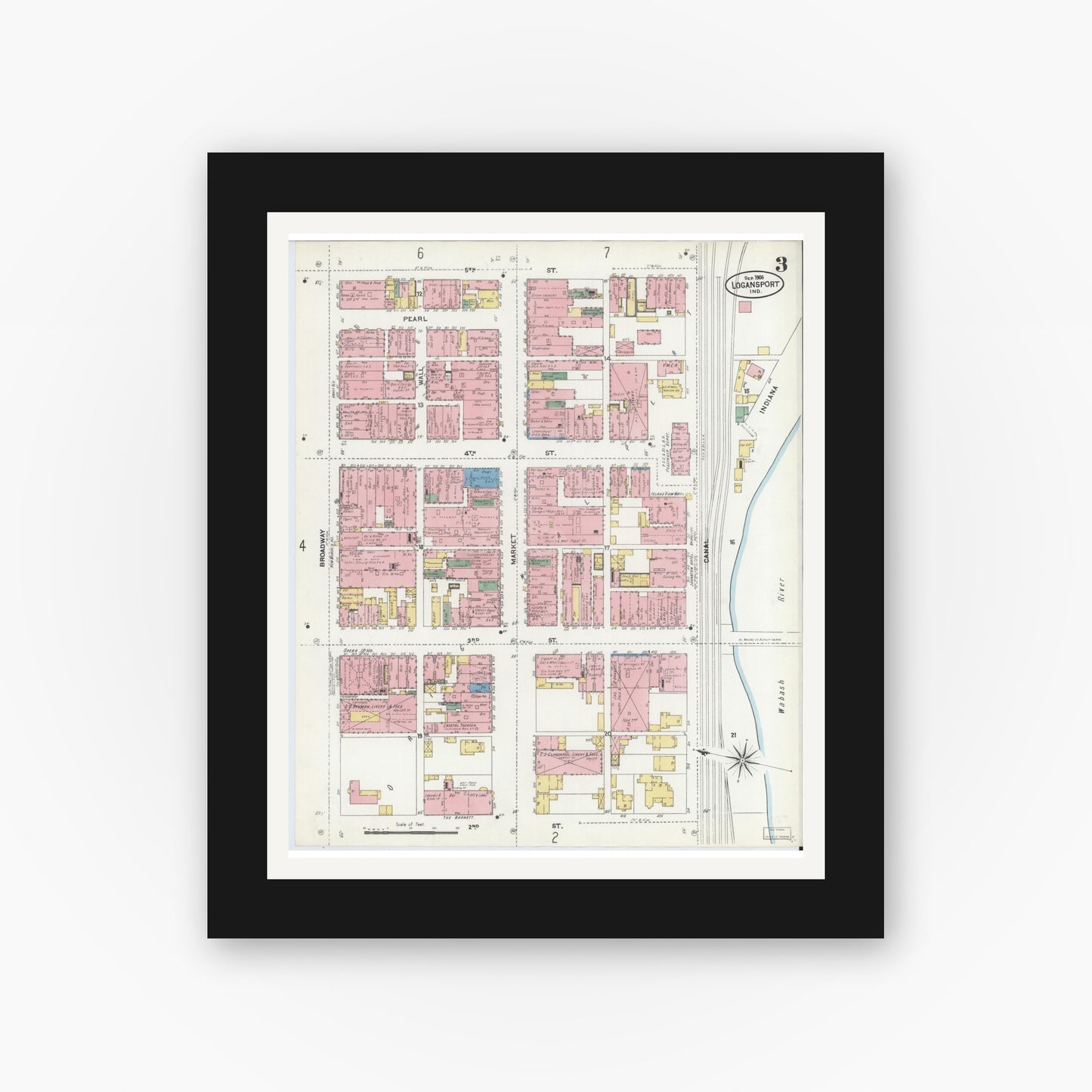 Old map wall art mockup — black gallery frame with white mat — Sanborn Fire Insurance Map from Logansport, Cass County, Indiana (1906), Sheet #0003