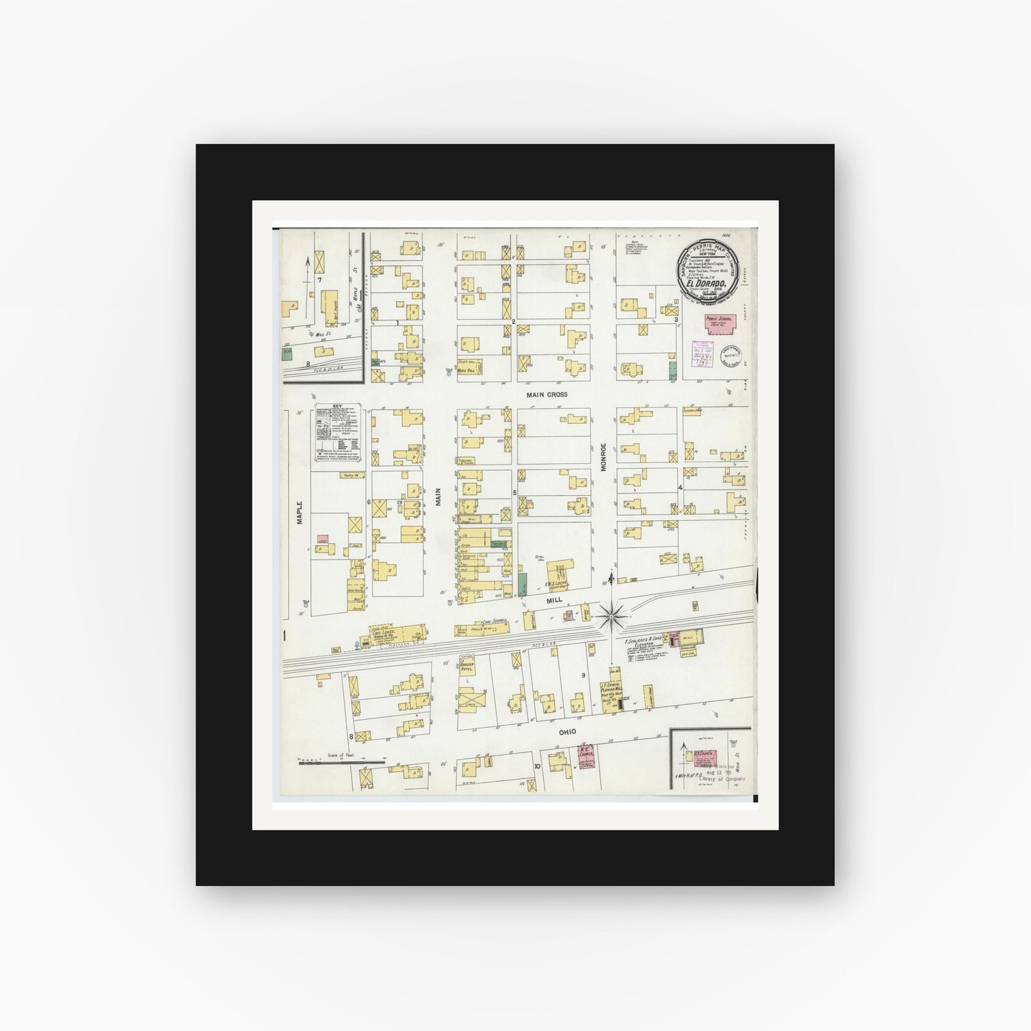 Old map wall art mockup — black gallery frame with white mat — Sanborn Fire Insurance Map from El Dorado, Preble County, Ohio (1901), Sheet #0001