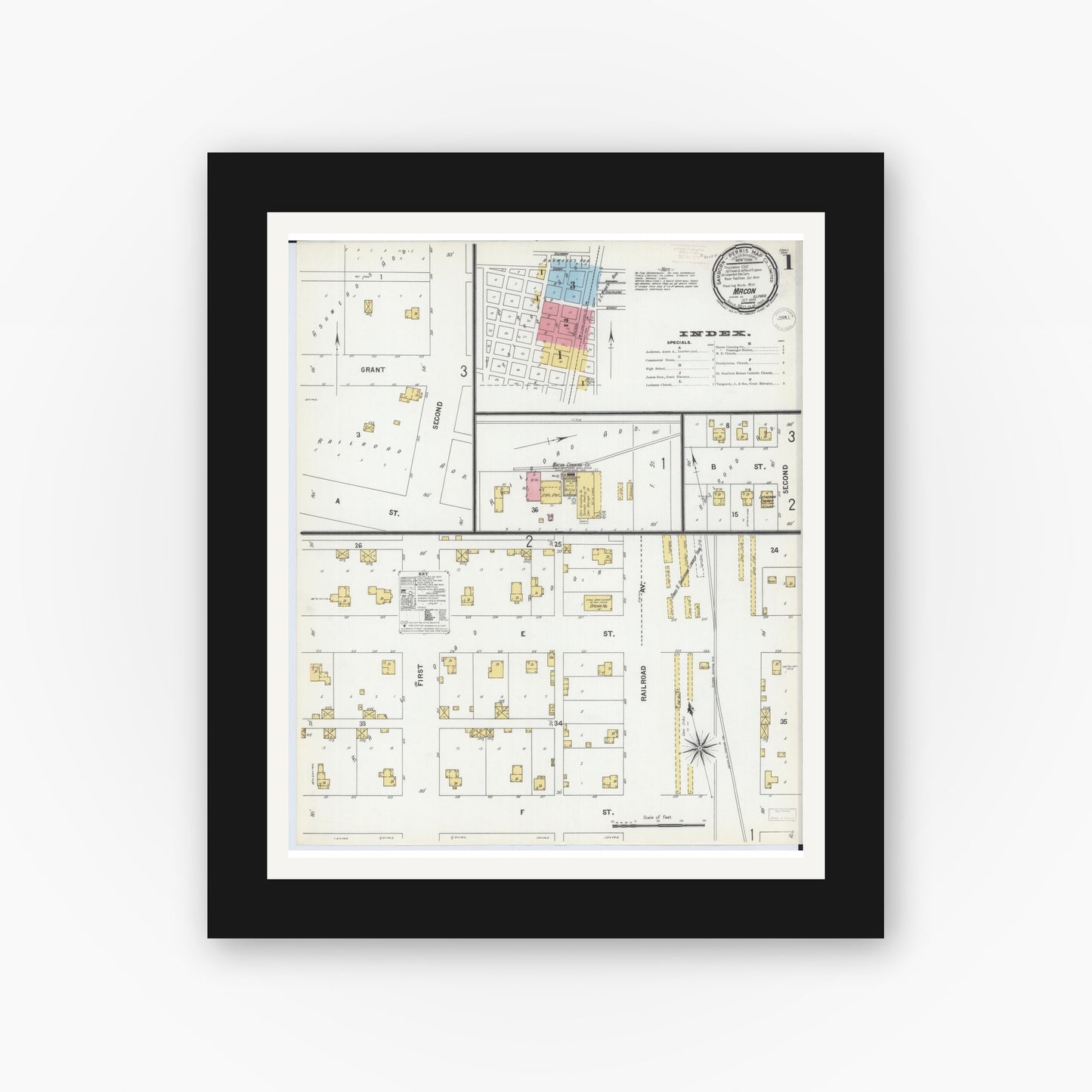 Old map wall art mockup — black gallery frame with white mat — Sanborn Fire Insurance Map from Macon, Macon County, Illinois (1899) - Complete Map Set