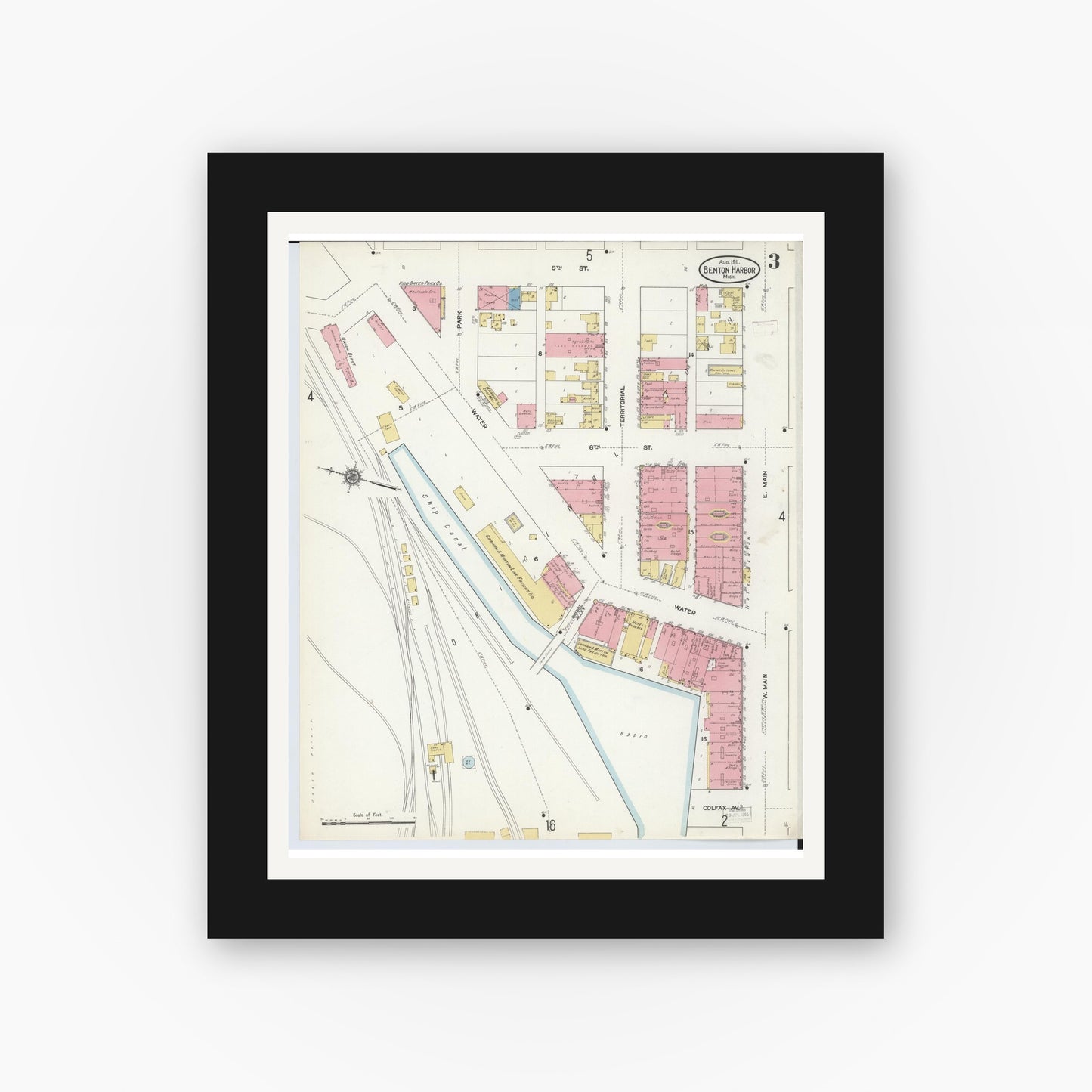 Old map wall art mockup — black gallery frame with white mat — Sanborn Fire Insurance Map from Benton Harbor, Berrien County, Michigan (1911), Sheet #0003