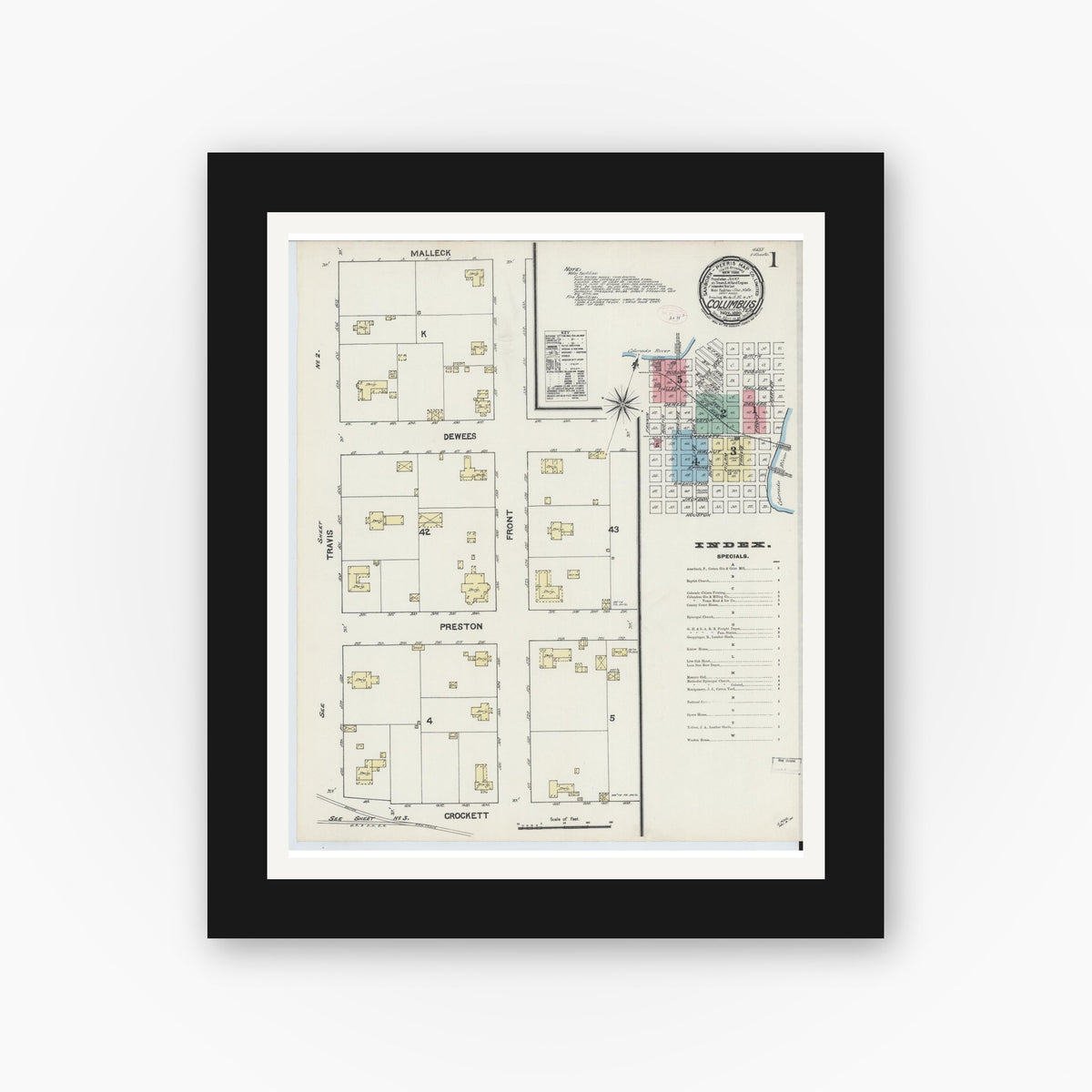Old map wall art mockup — black gallery frame with white mat — Sanborn Fire Insurance Map from Columbus, Colorado County, Texas (1890) - Complete Map Set
