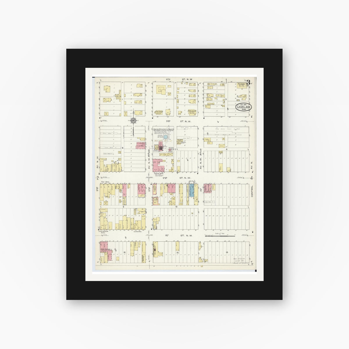 Old map wall art mockup — black gallery frame with white mat — Sanborn Fire Insurance Map from Cass Lake, Cass County, Minnesota (1913), Sheet #0003