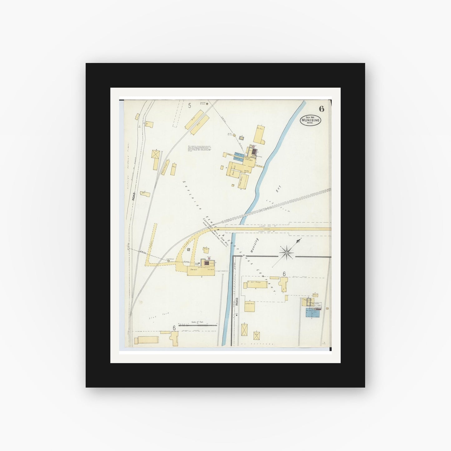 Old map wall art mockup — black gallery frame with white mat — Sanborn Fire Insurance Map from Munising, Alger County, Michigan (1906), Sheet #0006