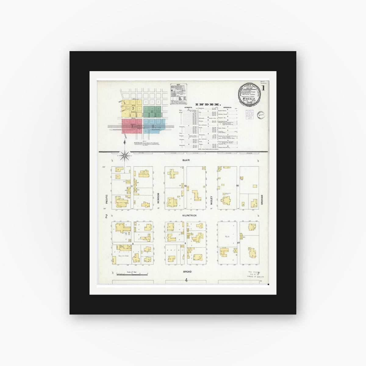 Old map wall art mockup — black gallery frame with white mat — Sanborn Fire Insurance Map from Mineola, Wood County, Texas (1901), Sheet #0001