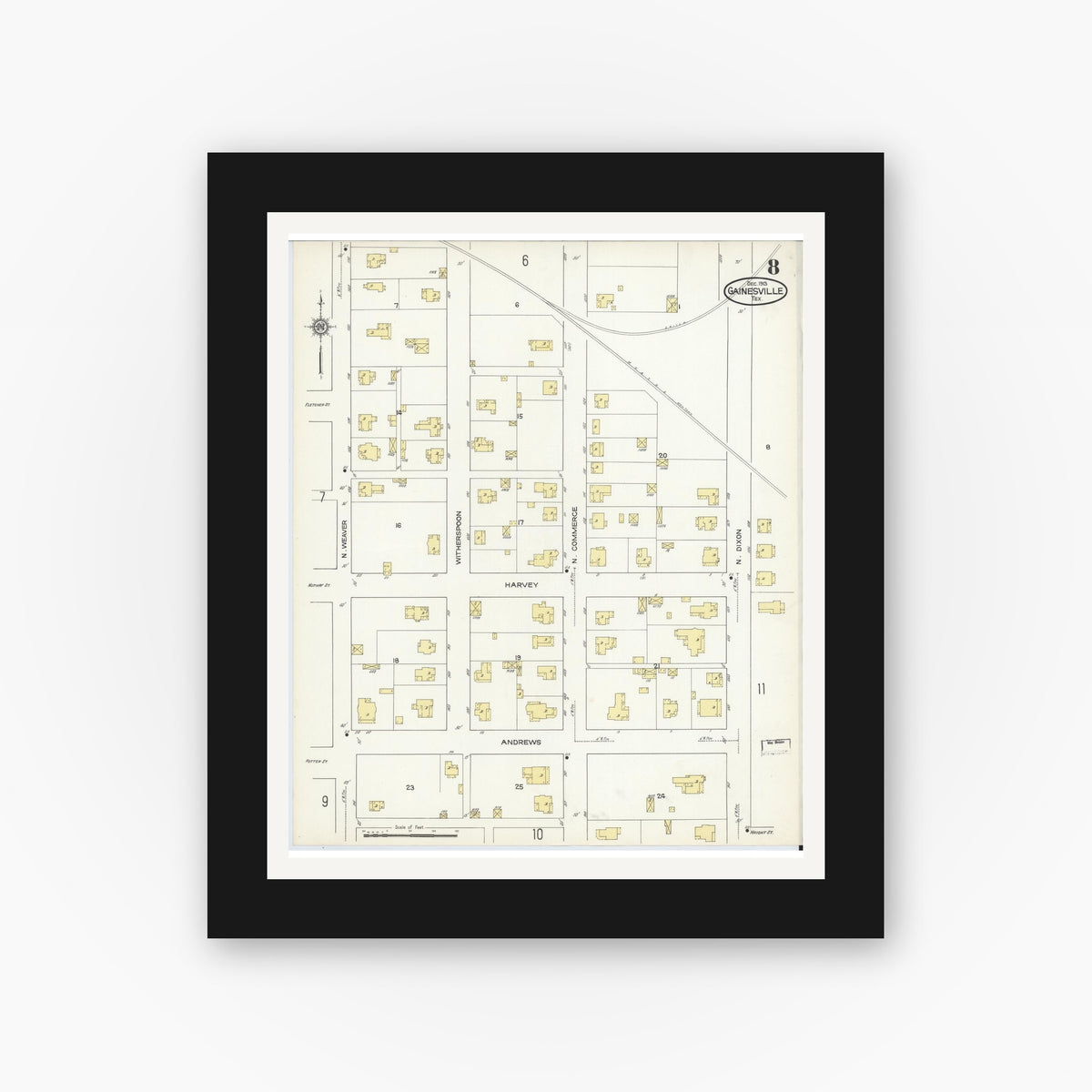 Old map wall art mockup — black gallery frame with white mat — Sanborn Fire Insurance Map from Gainesville, Cooke County, Texas (1913), Sheet #0008