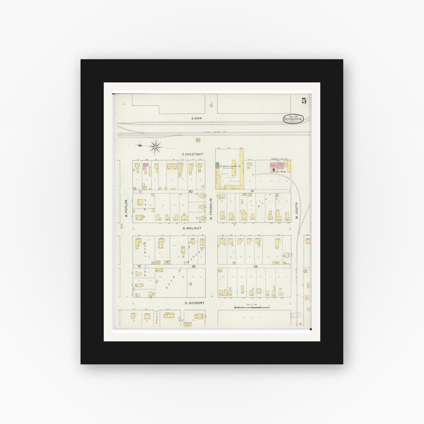 Old map wall art mockup — black gallery frame with white mat — Sanborn Fire Insurance Map from Du Quoin, Perry County, Illinois (1894), Sheet #0005