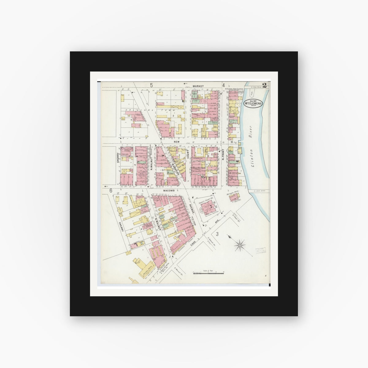 Old map wall art mockup — black gallery frame with white mat — Sanborn Fire Insurance Map from Mount Clemens, Macomb County, Michigan (1897), Sheet #0002