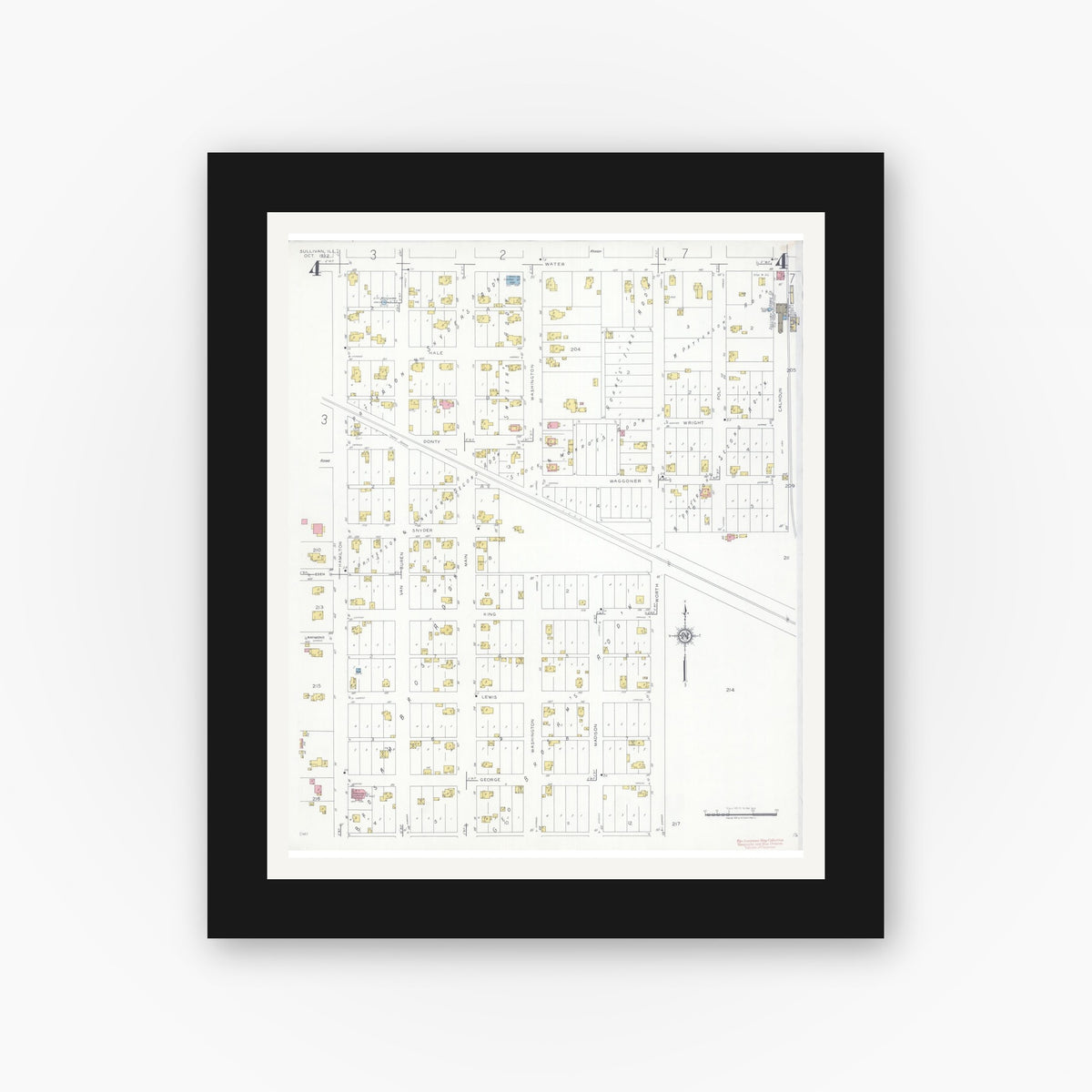 Old map wall art mockup — black gallery frame with white mat — Sanborn Fire Insurance Map from Sullivan, Moultrie County, Illinois (1932), Sheet #0004