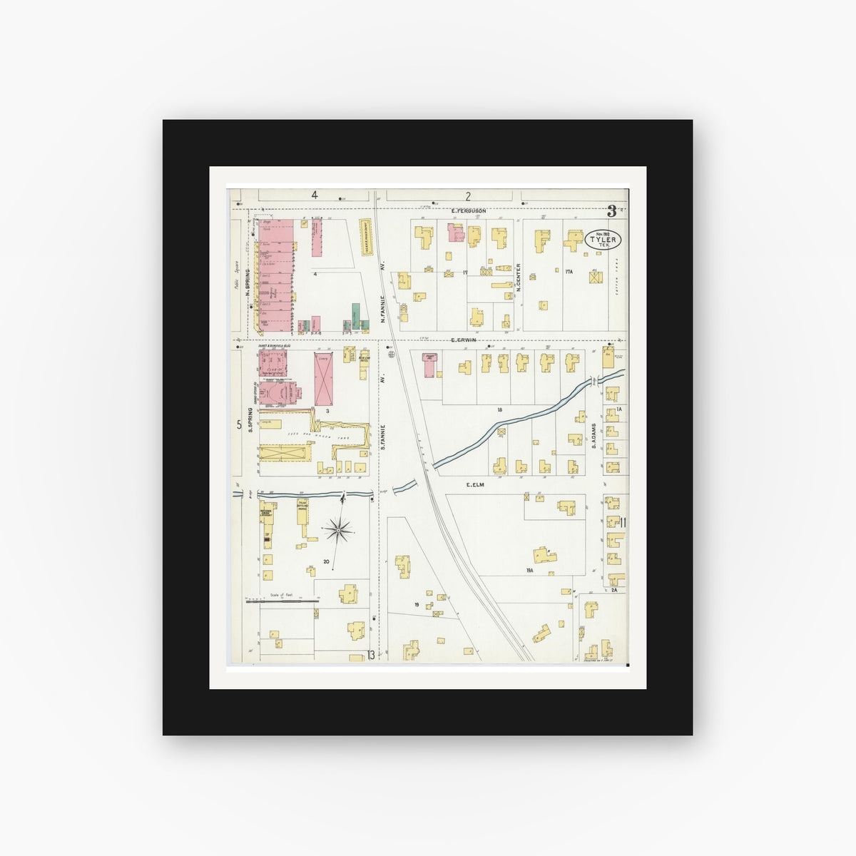 Old map wall art mockup — black gallery frame with white mat — Sanborn Fire Insurance Map from Tyler, Smith County, Texas (1902), Sheet #0003
