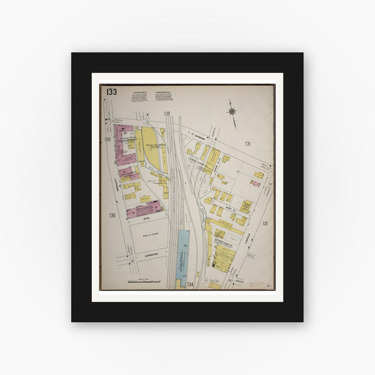 Old map wall art mockup — black gallery frame with white mat — Sanborn Fire Insurance Map from Worcester, Worcester County, Massachusetts (1910), Sheet #0133
