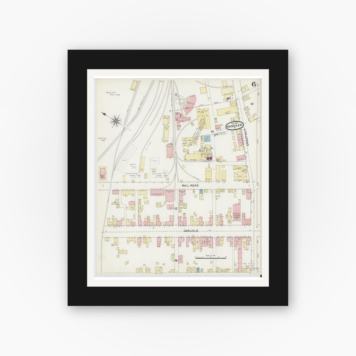 Old map wall art mockup — black gallery frame with white mat — Sanborn Fire Insurance Map from Hanover, York County, Pennsylvania (1891), Sheet #0006