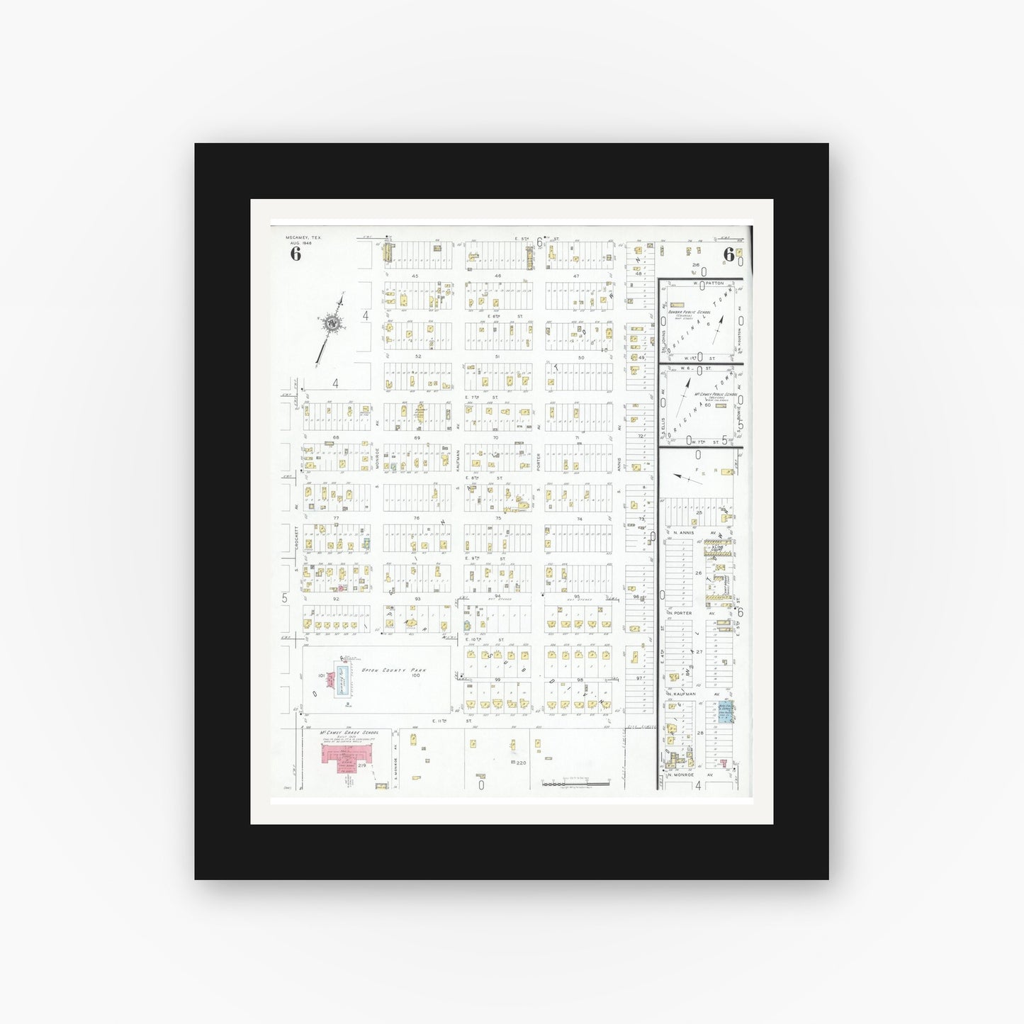 Old map wall art mockup — black gallery frame with white mat — Sanborn Fire Insurance Map from McCamey, Upton County, Texas (1946), Sheet #0006