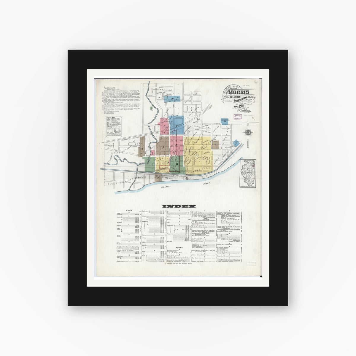 Old map wall art mockup — black gallery frame with white mat — Sanborn Fire Insurance Map from Morris, Grundy County, Illinois (1916) - Complete Map Set