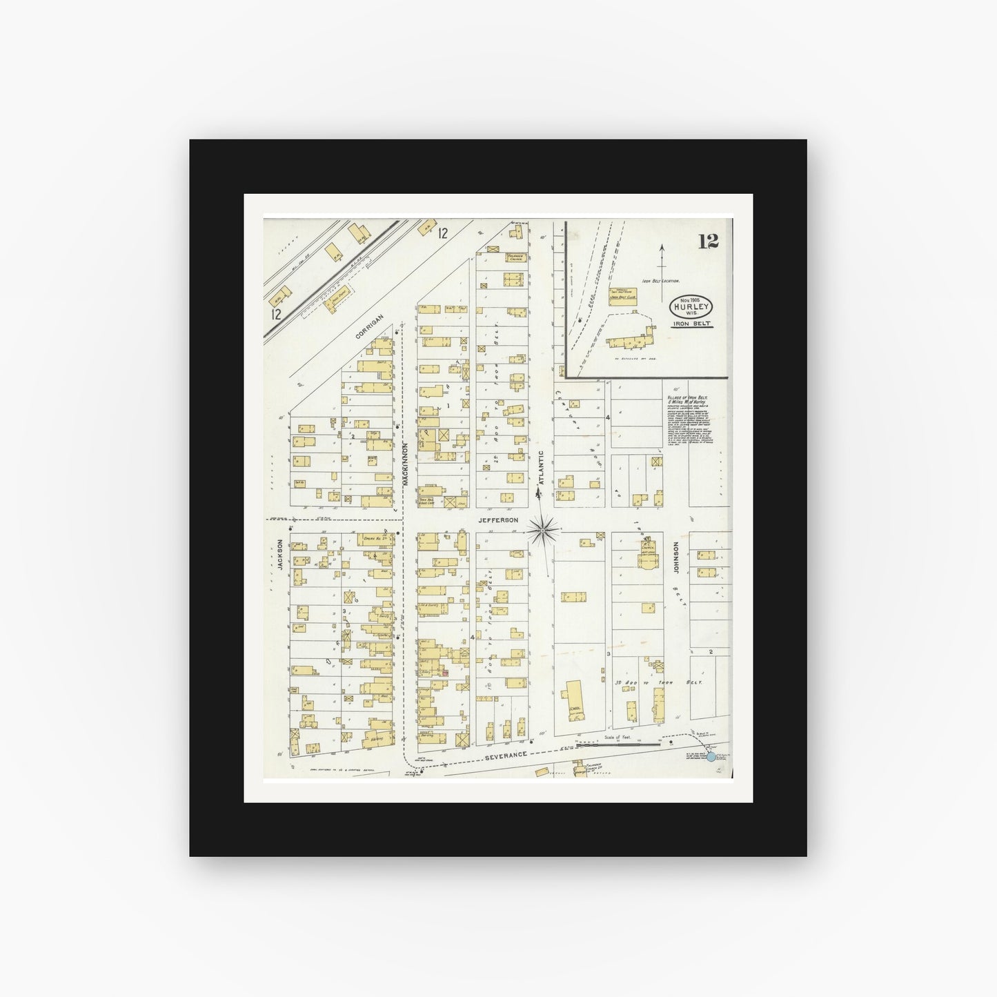 Old map wall art mockup — black gallery frame with white mat — Sanborn Fire Insurance Map from Hurley, Iron County, Wisconsin (1905), Sheet #0012
